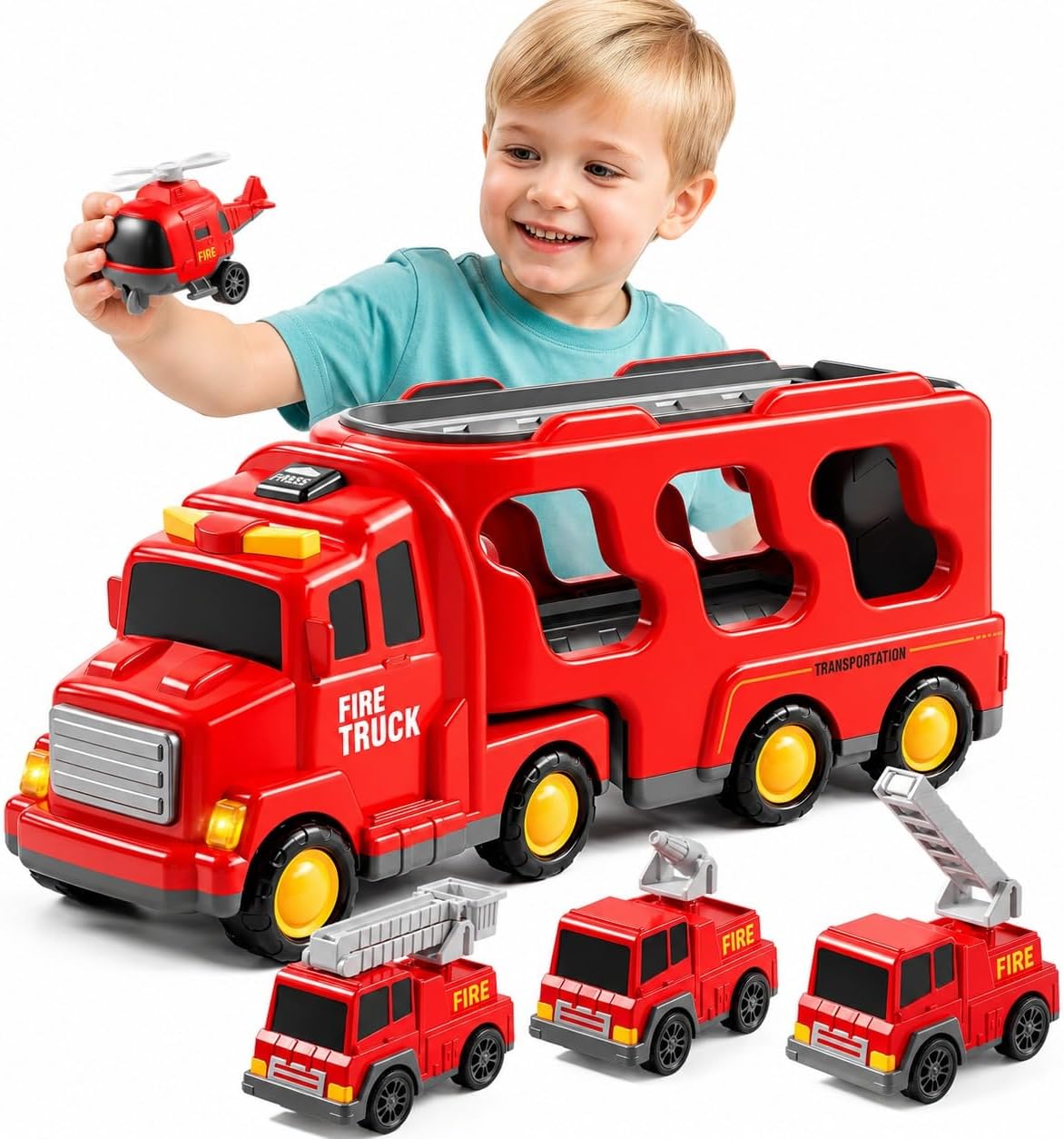 Fire Truck Toys for 1 2 3 4 5 Years Old Boys Toddlers, Cars Toys Gifts Fire Trucks with Ladder Fire Trucks & Helicopter, Toddler Car Toy Set for Kids Boys Girls