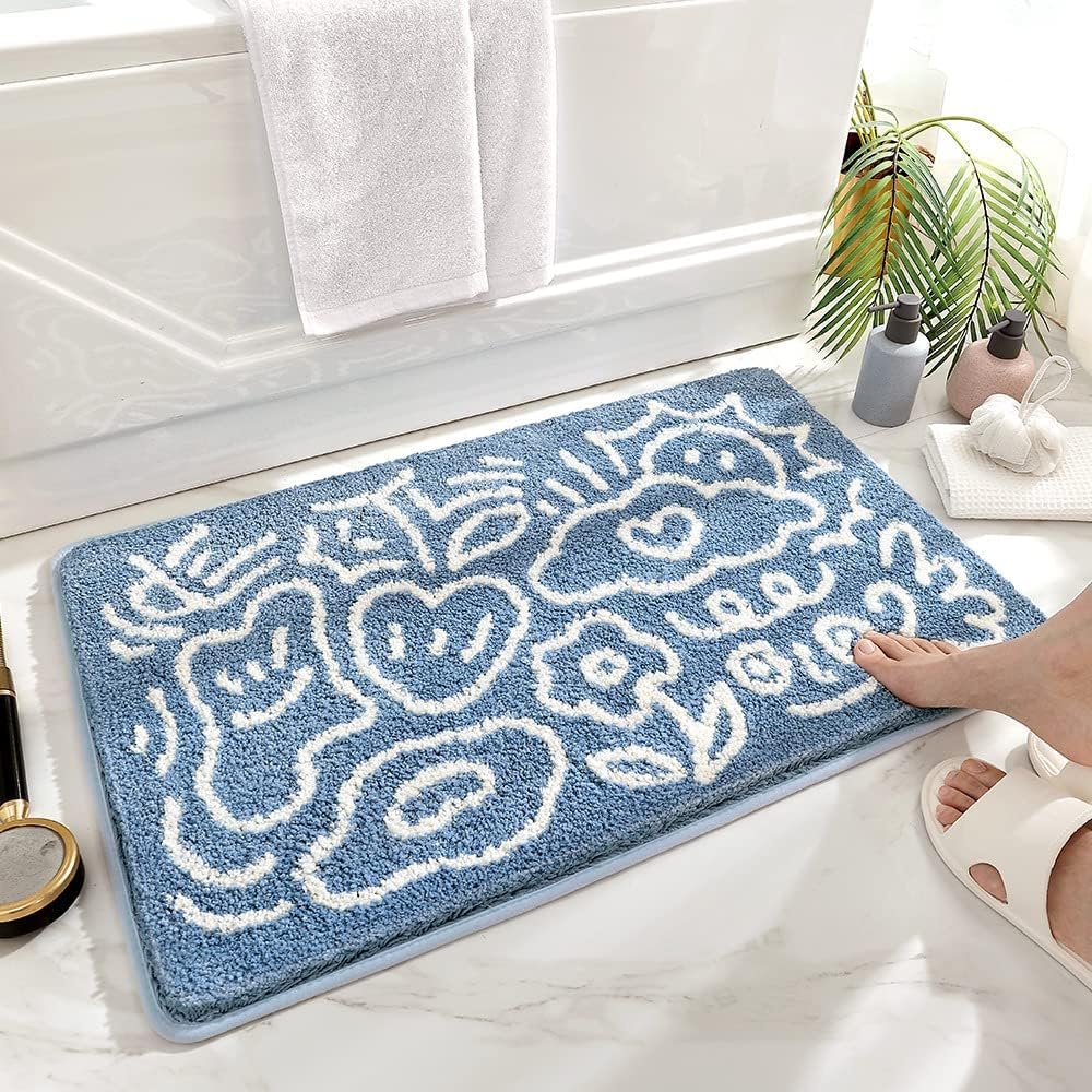 Soft Bathroom Rugs, Washable Bath Rugs Non Slip Bath Mats for Shower Shaggy Microfiber Floor Mat Super Absorbent Carpet Striped Pattern Bath Runner Rug, 19.6 x 31.4 Inches, Blue