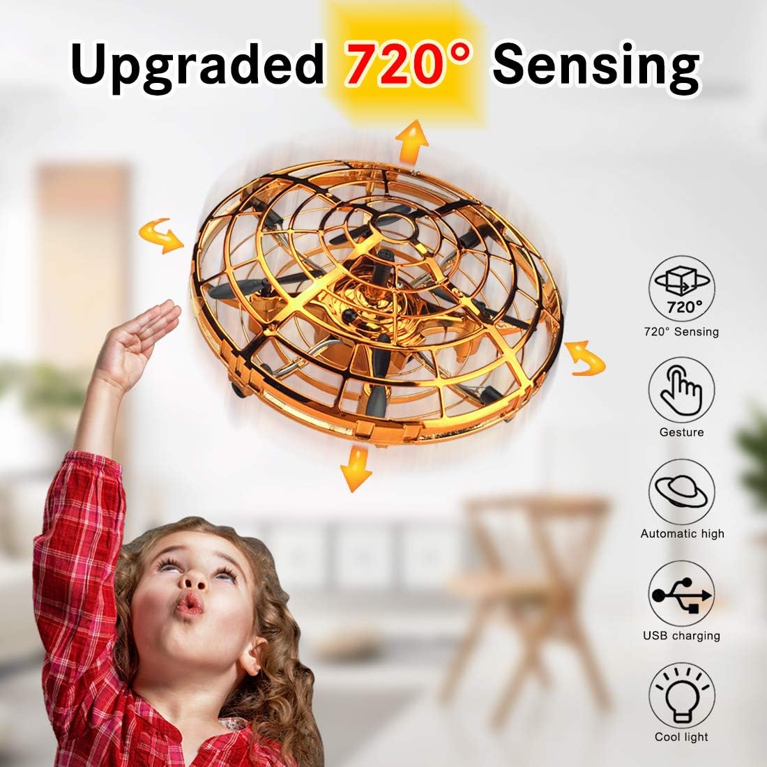 WEW Flying Ball Drone, Upgrade Hand Controlled Drone for Kids720°Omnidirectional Interactive Infrared Induction Helicopter 360°Rotating Ball with Shinning LED Lights Flying Toys for Boys Girls - Gold