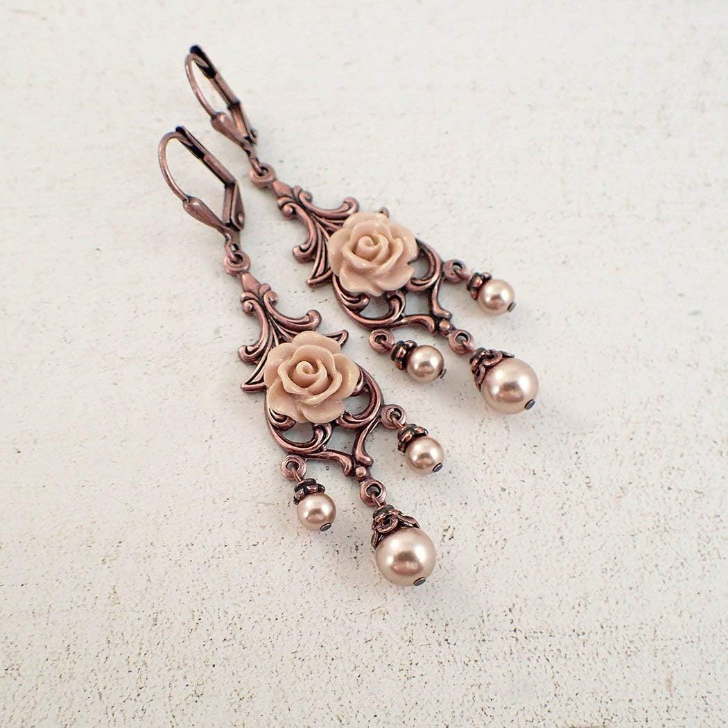 Handmade Blush Resin Rose Chandelier Earrings with Rose Gold-Colored Crystal Simulated Pearls