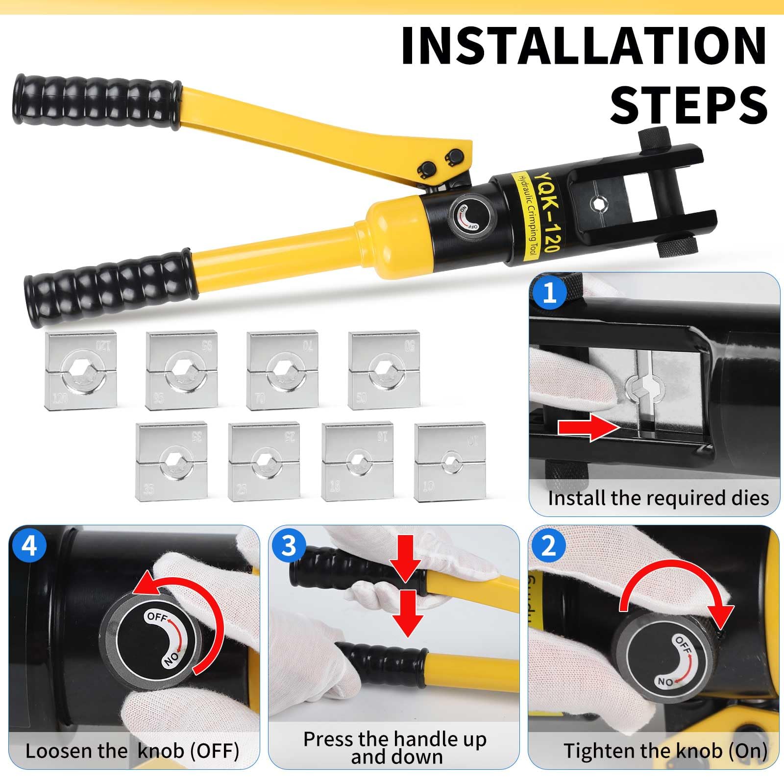SWAWIS 12T Pinza Crimpatrice Idraulica 10–120 mm² Pinza Crimpatrice Capicorda con 8 Set di Stampi per Terminali in Rame e Alluminio Adatta per Cavi da 8 AWG-4/0 AWG
