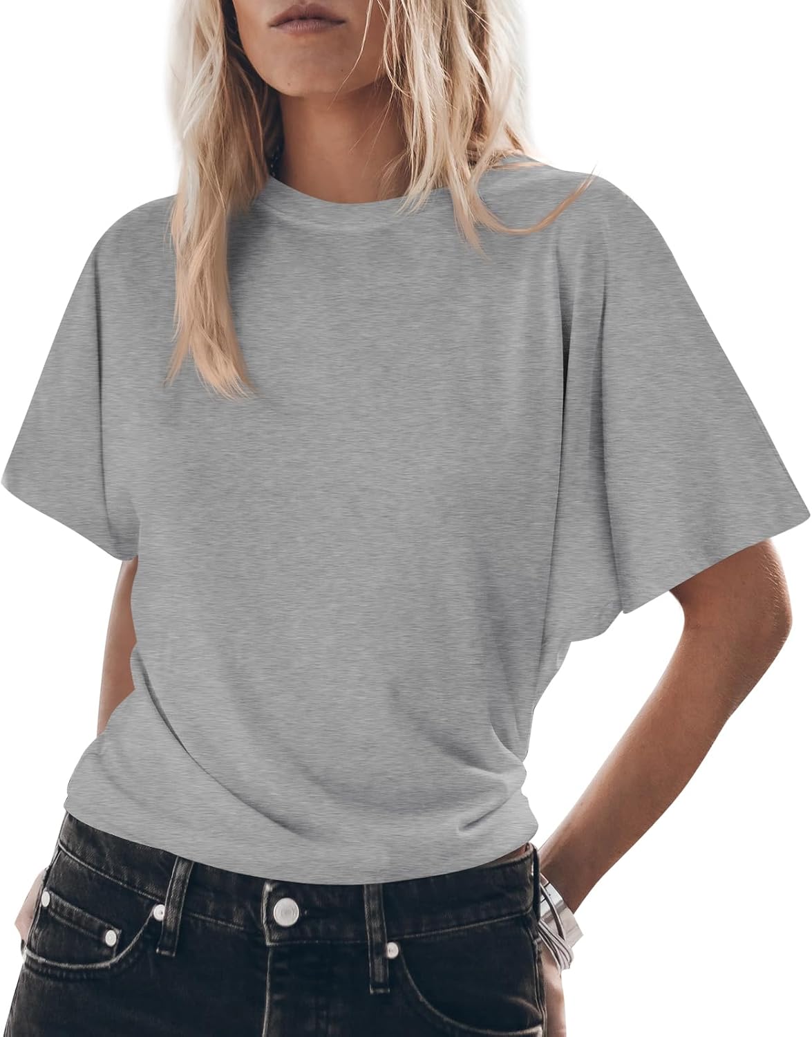 Tankaneo Womens Batwing Short Sleeve T Shirts Summer Casual Flowy Crew Neck Tops Loose Fit Boxy Basic Tees