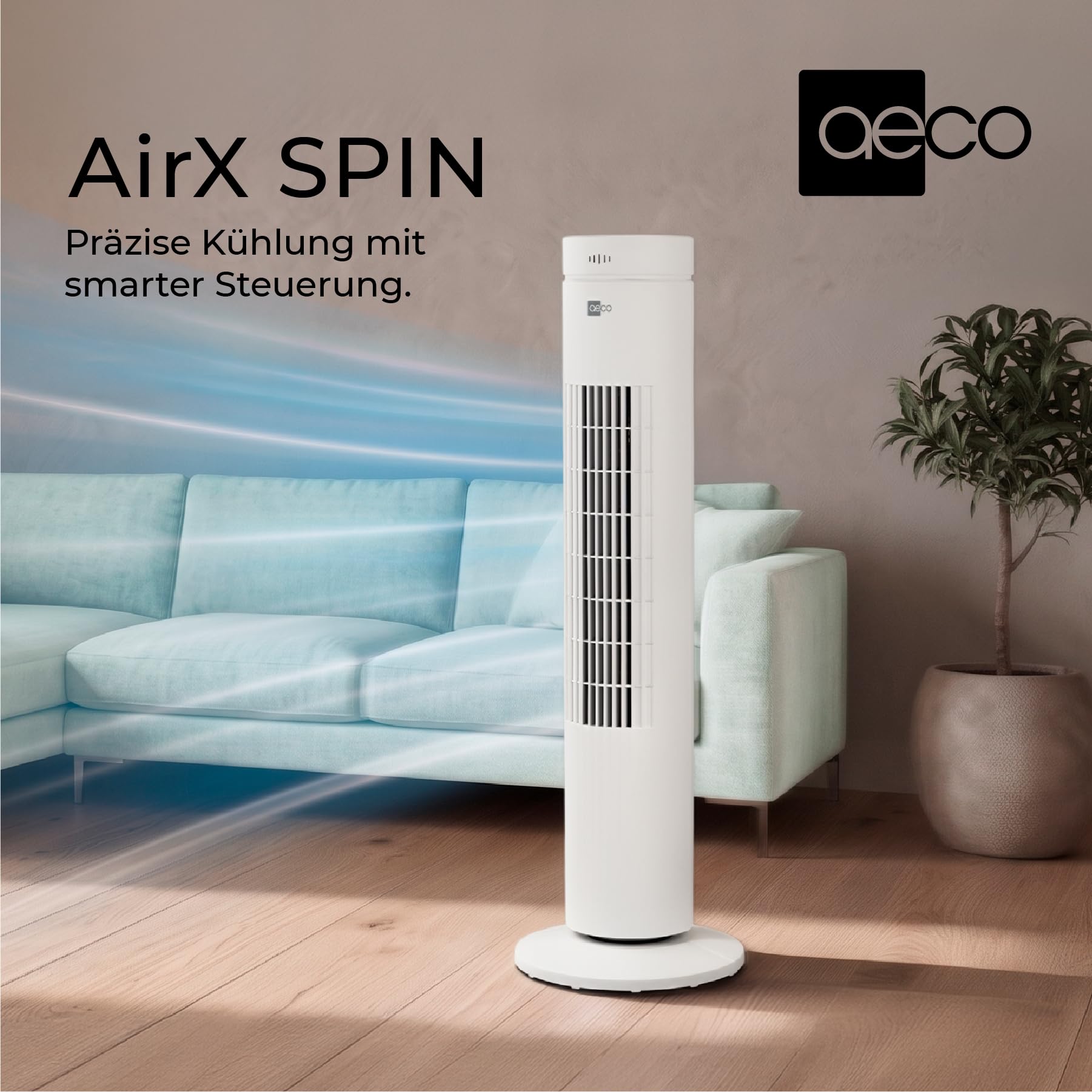 aeco AirX SPIN Turmventilator mit Fernbedienung, 76 cm Höhe, 60° oszillierender Ventilator mit Timerfunktion (7H), 3 Geschwindigkeiten, Power-Off-Funktion, leise für Schlafzimmer und Büro, Weiß