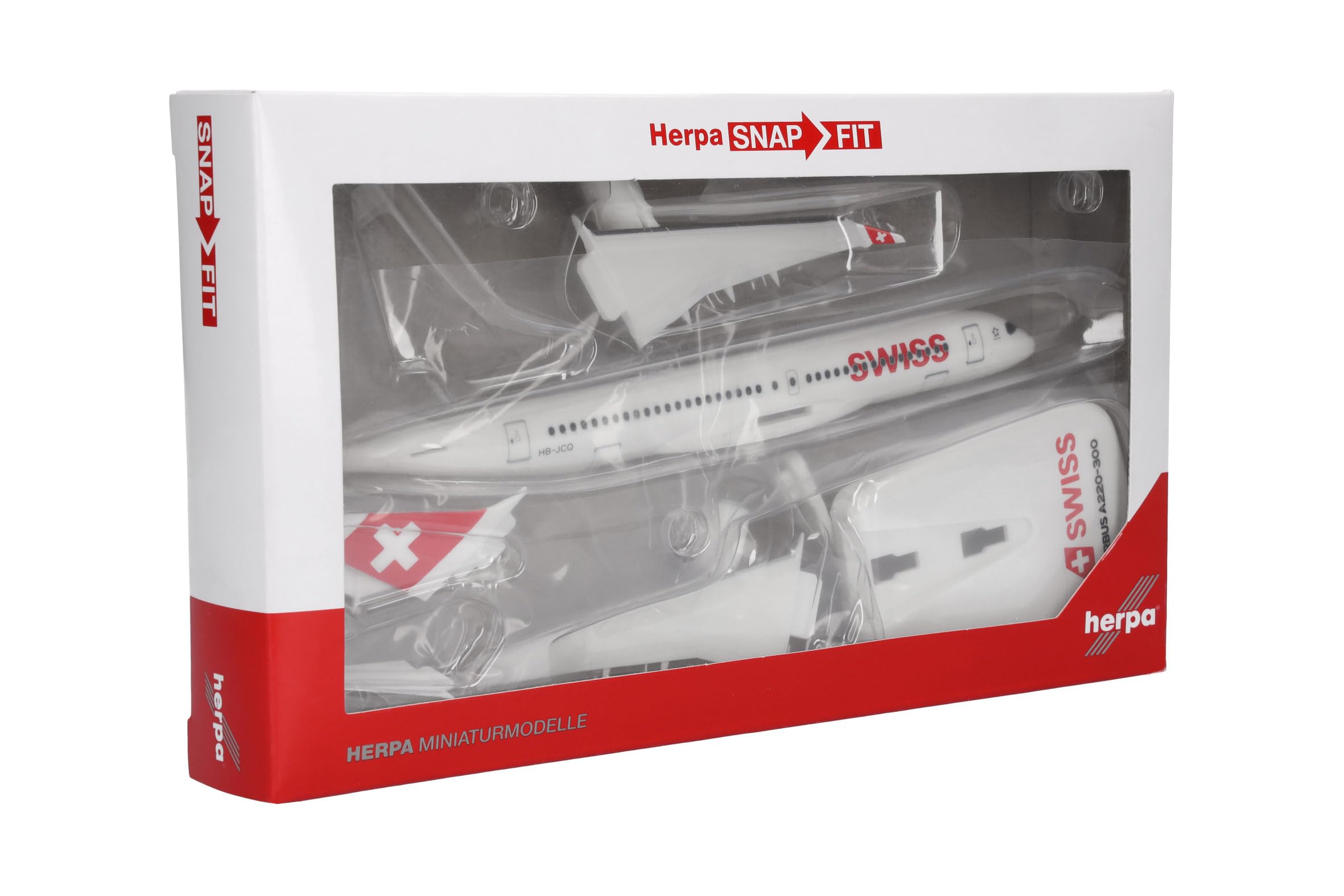 herpa Snap-Fit Modellflugzeug Airbus A220-30 - Swiss International Air Lines, Miniatur im Maßstab 1:200, Sammlerstück, Modell mit Standfuß, Kunststoff, Weiß