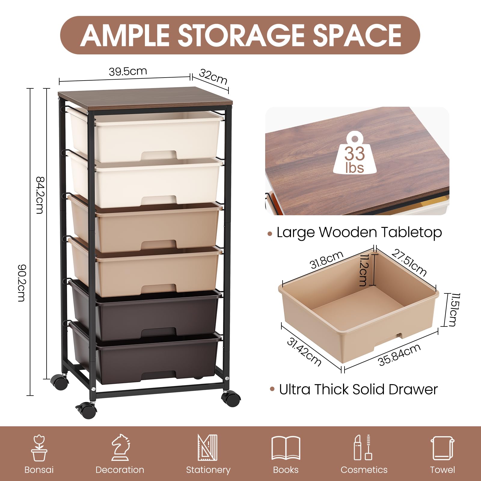 Cassettiera con Ruote KINGRACK con 6 Grandi Cassetti e Ripiani – Carrello con Ruote, Adatto per Uffici, Camerette dei Bambini e Stanze dei Hobby (Marrone)