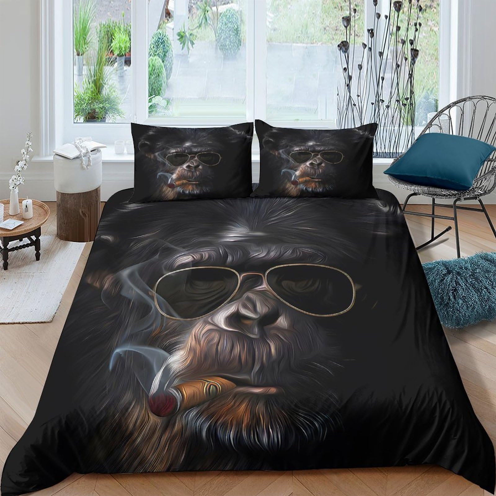 Ctjqhvkz Style-1 3D Printed Smoking Monkey Fitted Sheet Microfiber Soft Dark Animal Sunglasses Bed Cover For Bedroom Decor Single（135X200cm）