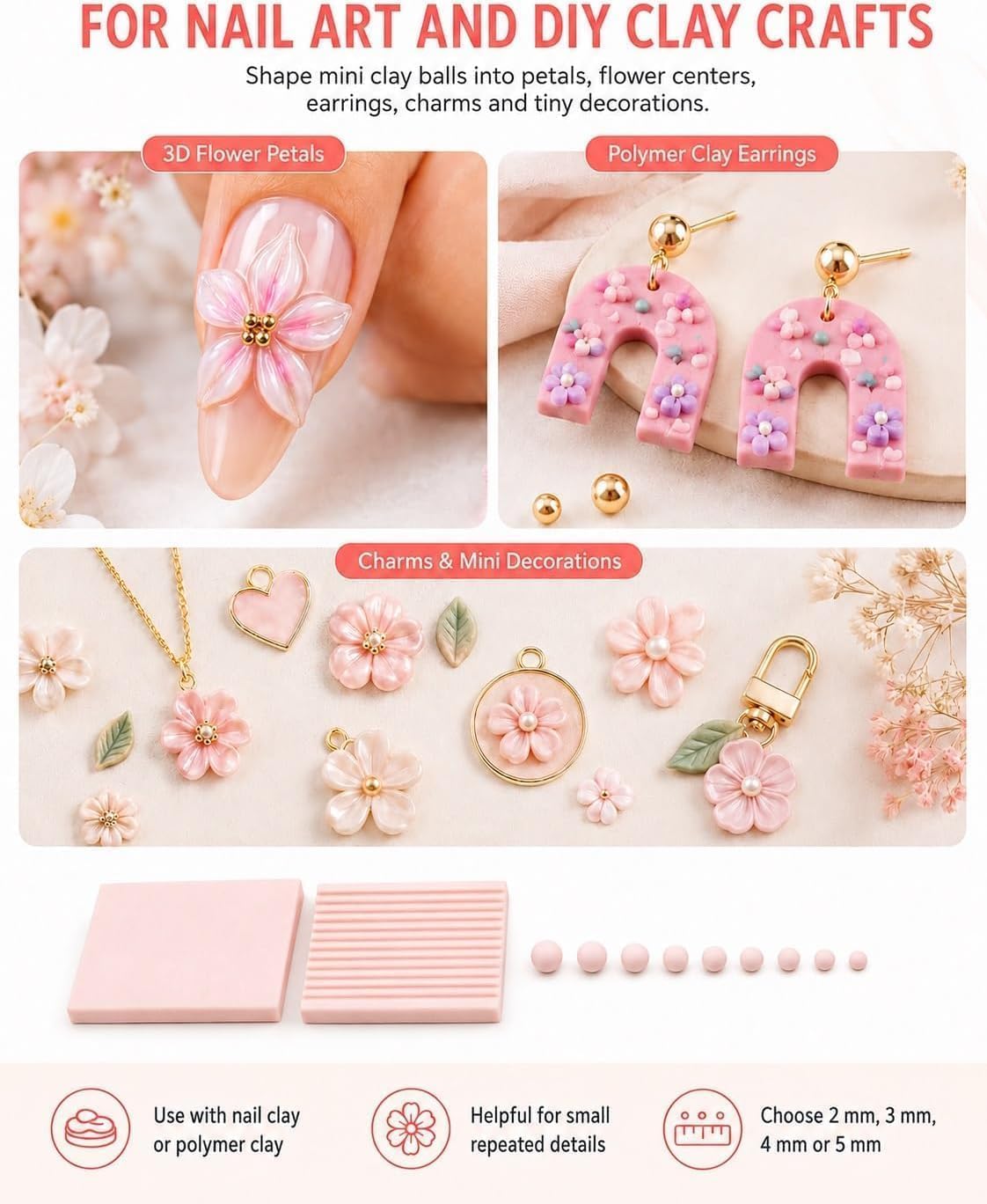 3D Print Clay Gel Ball Maker Tool, 3D Ball Maker for Nails, Polymer Clay Roller 2mm 3mm 4mm 5mm Sphere Shaper Roller Tool for Perfect Round Beads, Earrings & Jewelry Making(Pink)