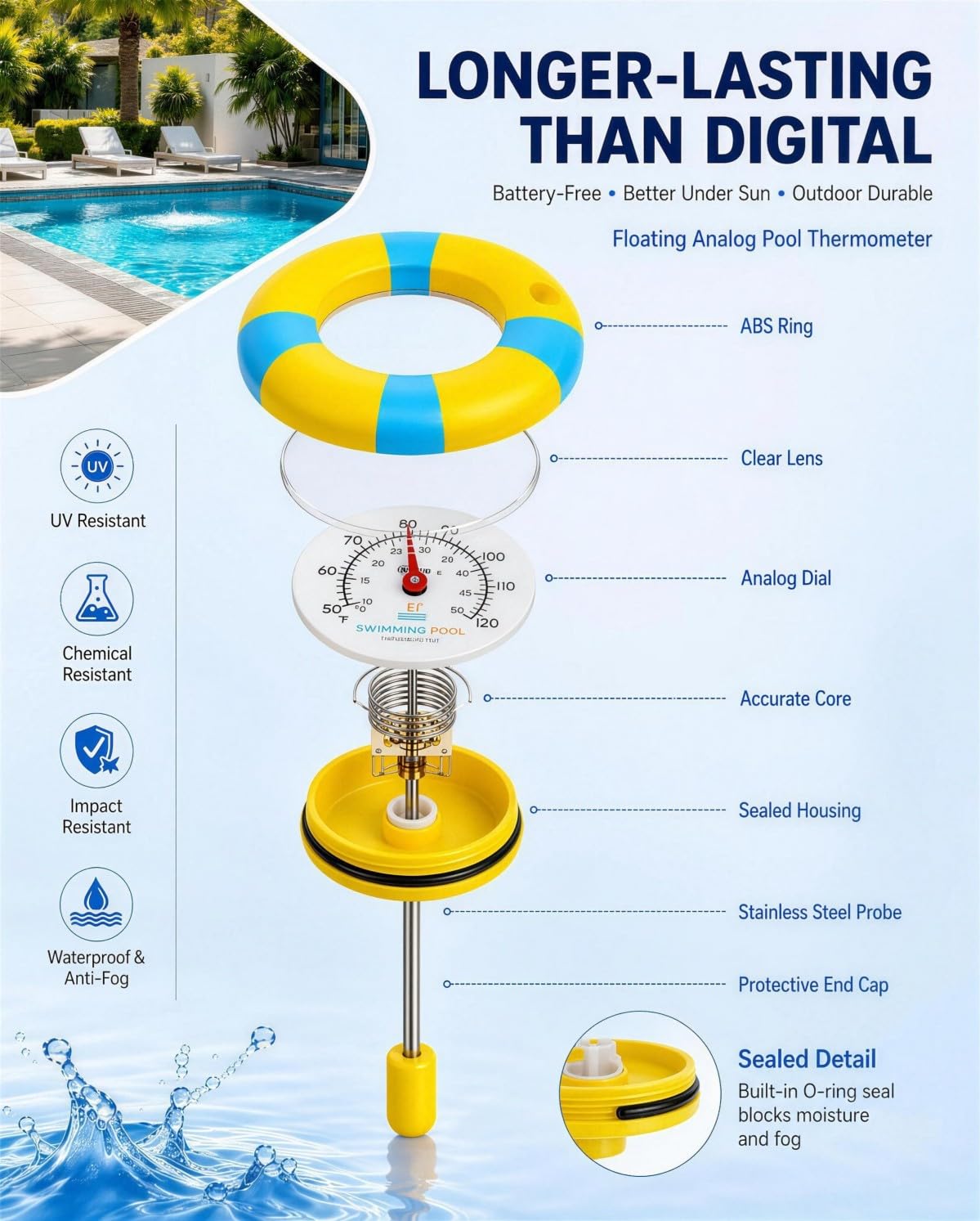 Floating Pool Thermometer with Dual Scale, Tether and Suction Cup, Waterproof Design for Swimming Pool, Hot Tub, Spa or Fish Pond Use image 3