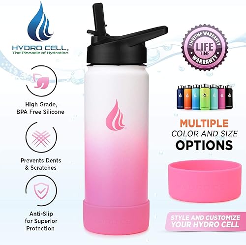 Miniatura 7 de HYDRO CELL Botella de agua de acero inoxidable con sorbete y tapa ancha de boca (blancorosa de 18 onzas con funda inferior de silicona protectora,
