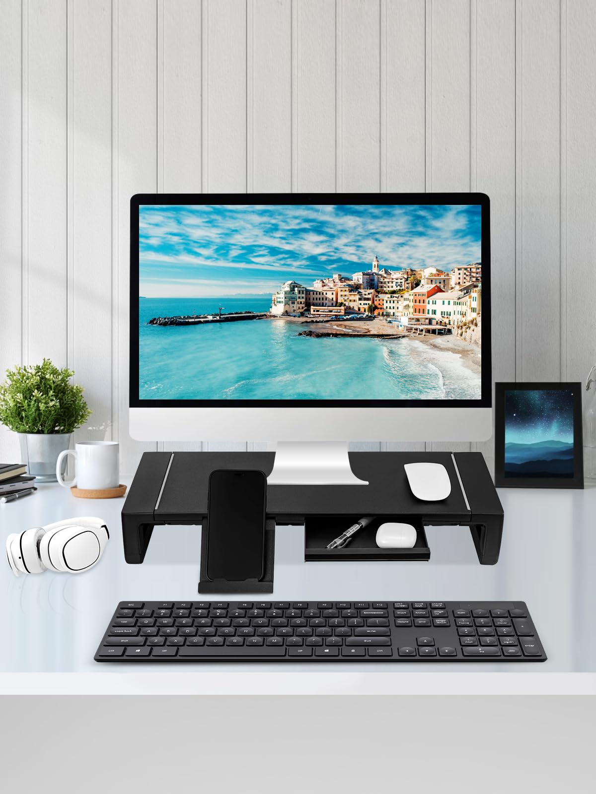 Soporte Ajustable para Monitor con Soporte para Smartphone y Tableta, Soporte Plegable para Ordenador, portátil, Impresora, Superficie de Malla (Negro)