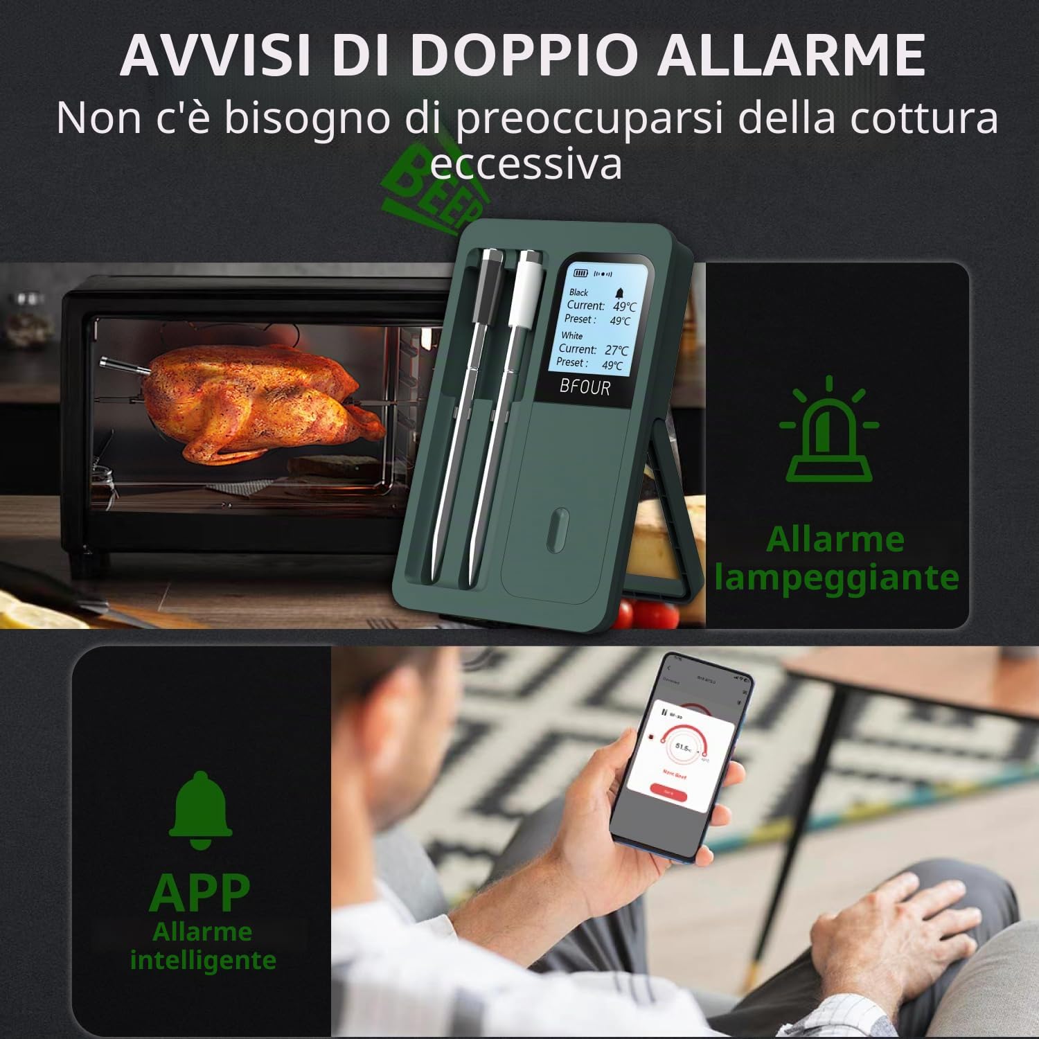 Termometro per carne senza fili Bluetooth con 2 sonde, display LCD, controllo tramite APP, termometro per griglia per BBQ, griglia, affumicatore, forno, cucina, BF-40