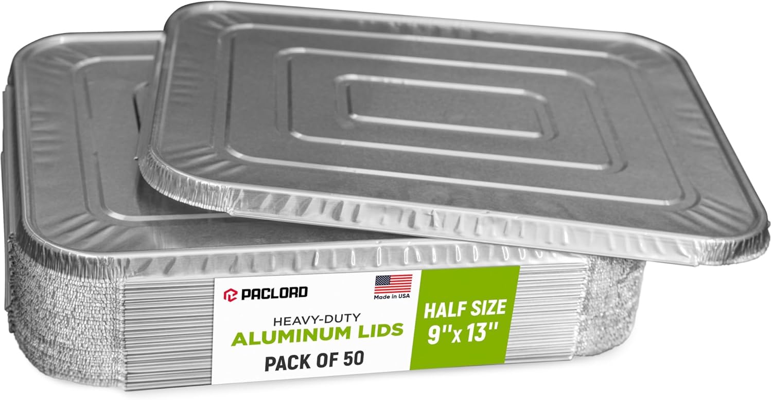 Aluminum Lids for 9" x 13" Half Size Steam Table Pans, Pack of 50 - USA-Made Disposable Foil Lids for Aluminum Trays - Tight-Fit, Leak-Resistant, Heat-Retaining, Oven and Freezer Safe