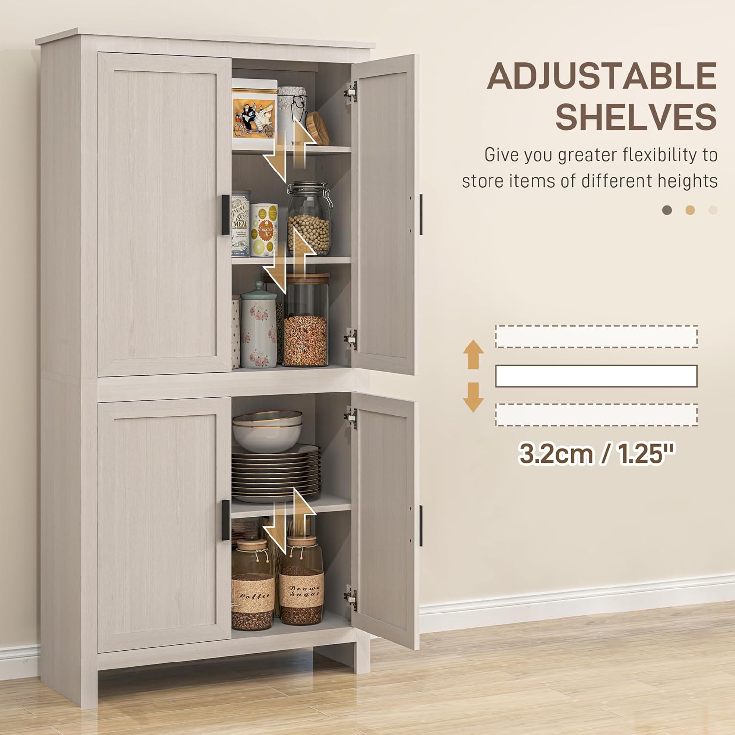 Image illustrating the adjustable shelves feature of the HOMCOM pantry cabinet, showing arrows indicating vertical movement.