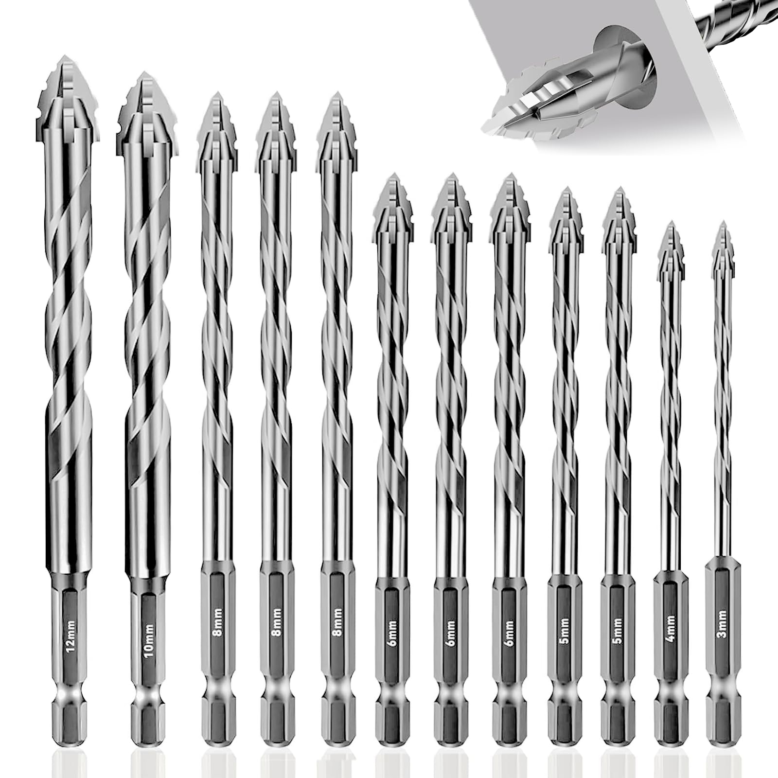 12 Pieces Porcelain Drill Bits, Ceramic Drill Bit 3/4/5/5/6/6/6/8/8/8/10/12 mm, Hexagonal Drill Bit Set for Tiles, Wall, Brick, Glass, Plastic, Wood, Metal (Silver)