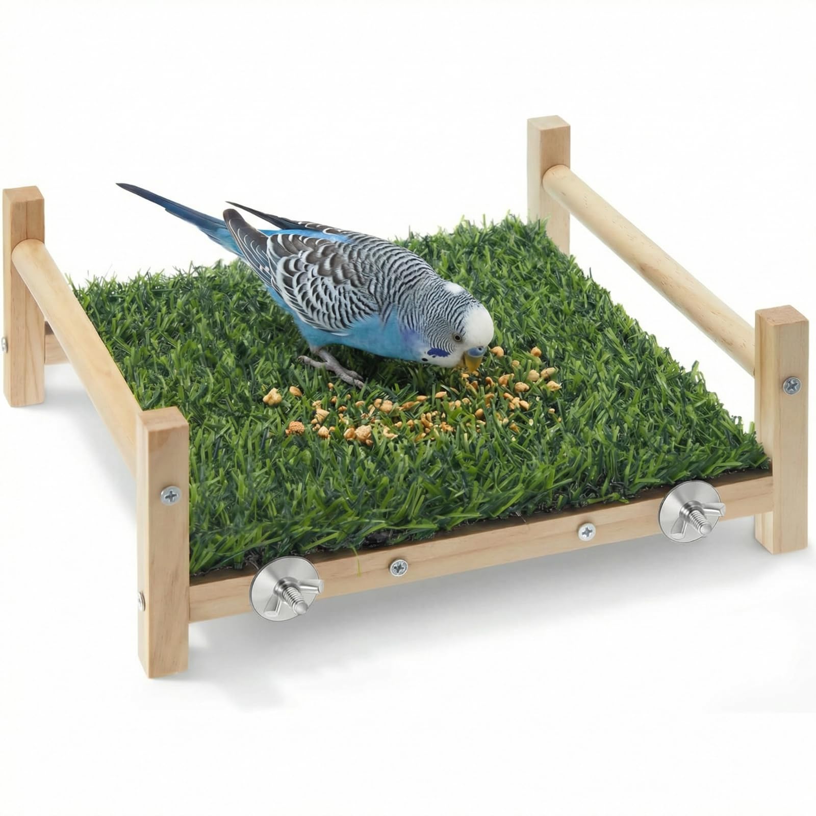 Bird Foraging Bed with Grass Mat 9.06 x 7.87 x 3.94 Inch Parrot Foraging Toy Hammock Bed Wood Frame Easy Install with Hardware Kit for Small Birds Cage Enrichment