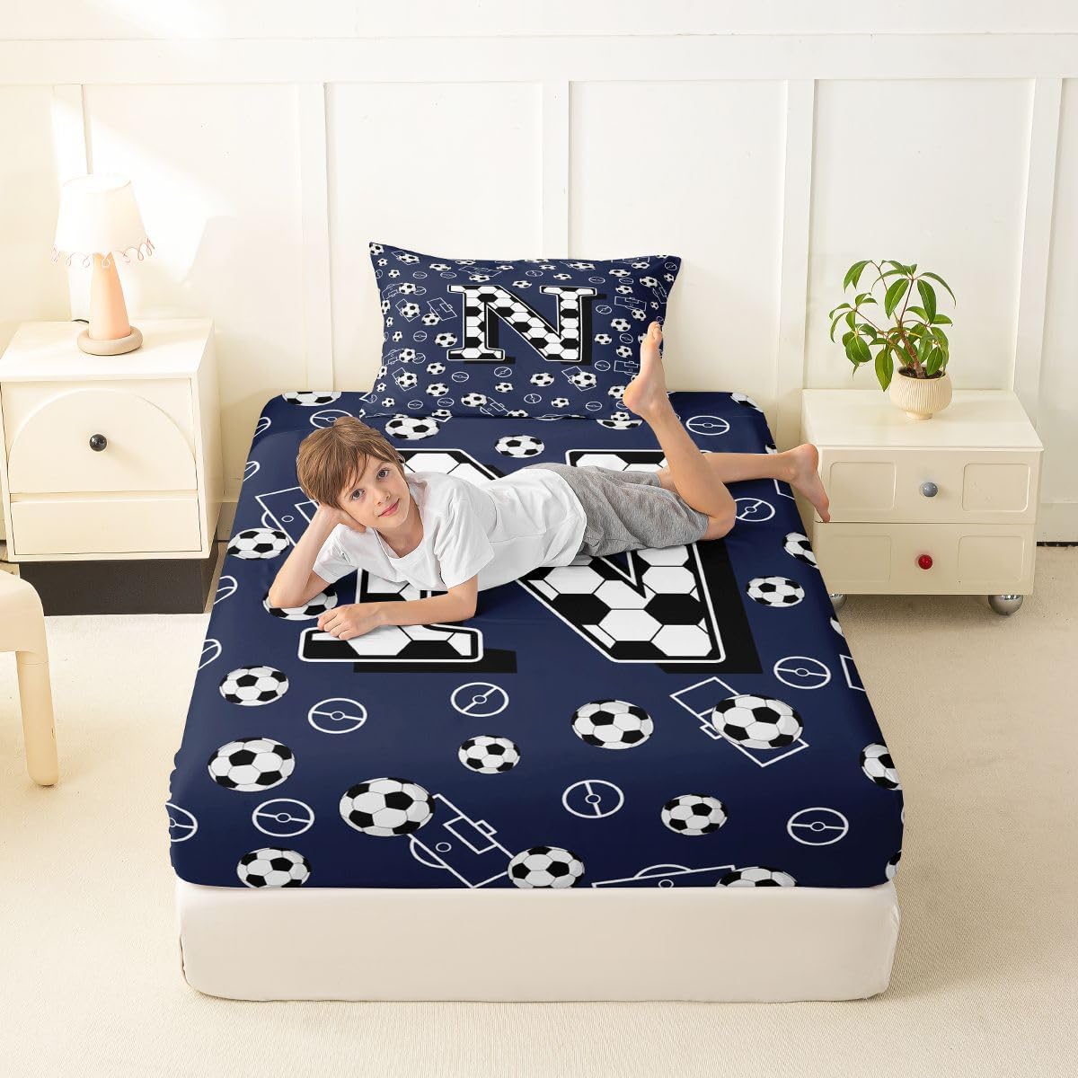 Erosebridal Alphabet Letter Soccer Bedding Set Twin Modern Football Personalized Initial N Bed Sheets Ball Sport Gaming Room Decorative Sheet Set,Monogrammed Soccer Court Fitted Top Sheets 3 Piece image 5