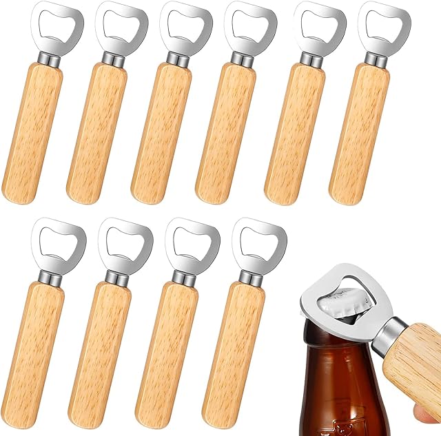 OurLeeme Bottle Openers, 10PCS Wooden Handle Stainless Steel Head Beer Bottle Opener Portable Durable Natural Wood Bottle Opener Great Gift for Men
