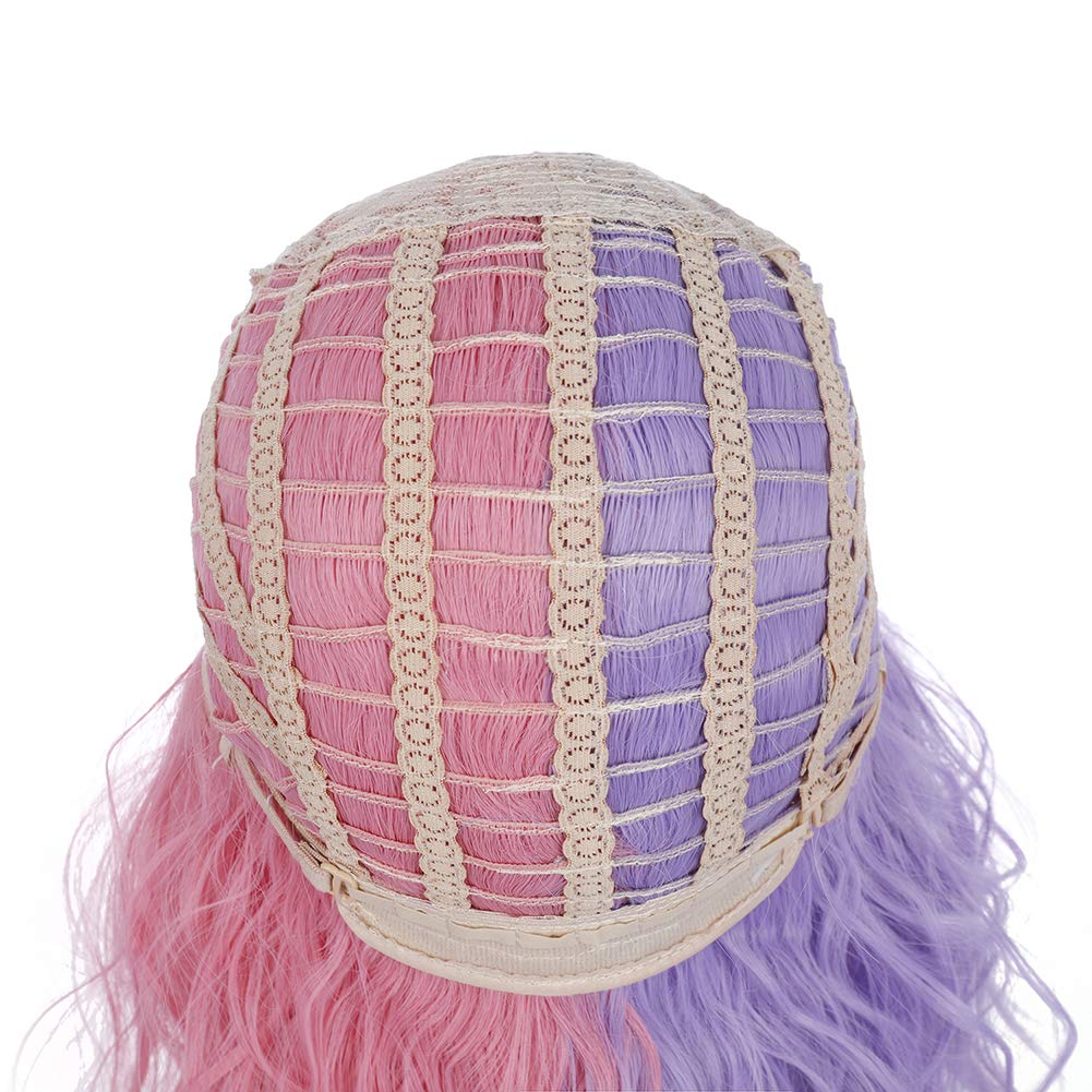 PATTNIUM Pink Purple Wig Short Curly Half Pink Half Purple Wig with Bangs Split Two Color Wigs for Women Girls Heat Resistant Synthetic Hair Cosplay Costume Wigs (Pink and Purple)