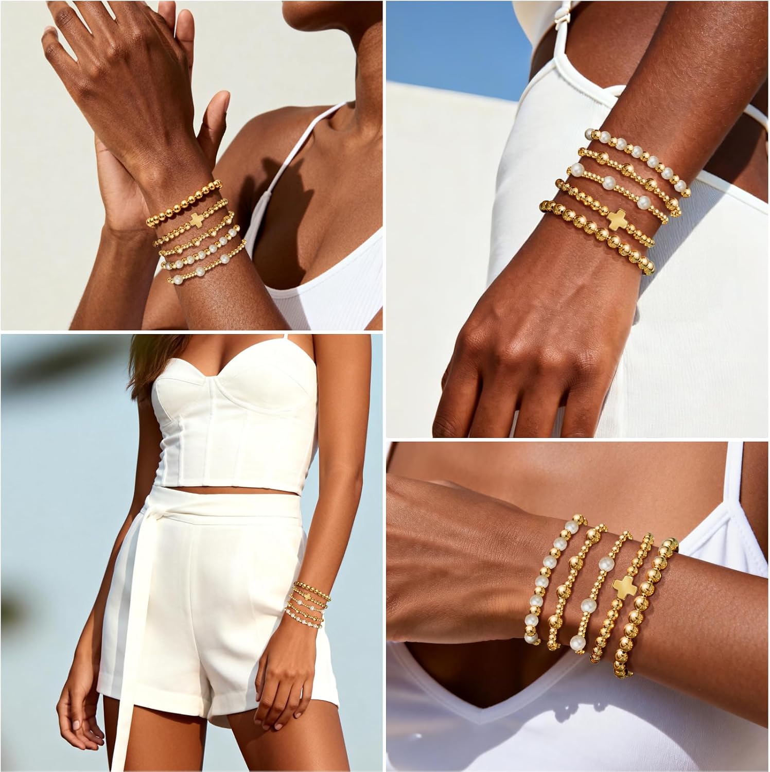 Gold Plate Bracelet Gifts for Women: 14K Gold Plated Dainty Bead Pearl Cross Bracelet Stretchable for Women - Christmas Birthday Gifts for Daughter Niece Granddaughter - Image 4