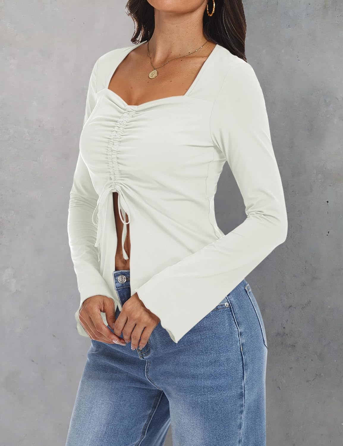 AIMCOO Women's Long Bell Sleeve Tops Tie Front Crop Top 2025 Sexy Y2K Sweetheart Neck Going Out T Shirts Tees - Image 5