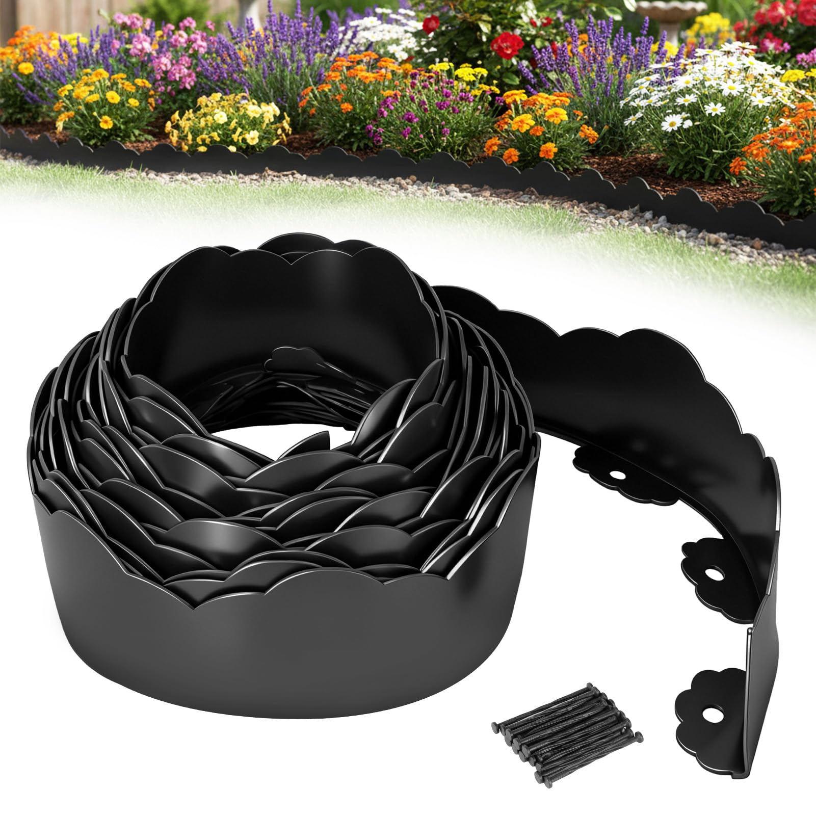 Flexible No-Dig Lawn Edging Strip, 10m with 30 Pegs, Durable PP Garden Edging Border & Garden Borders Edging for Beds & Lawns – Easy Cut/Bend, 10cm Height, Black