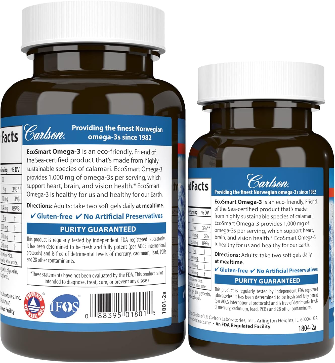 Carlson - EcoSmart Omega-3, 1000 mg Omega-3s Sustainable Source, Heart Health, Brain Function & Vision Support, Lemon, 90+30 soft gels