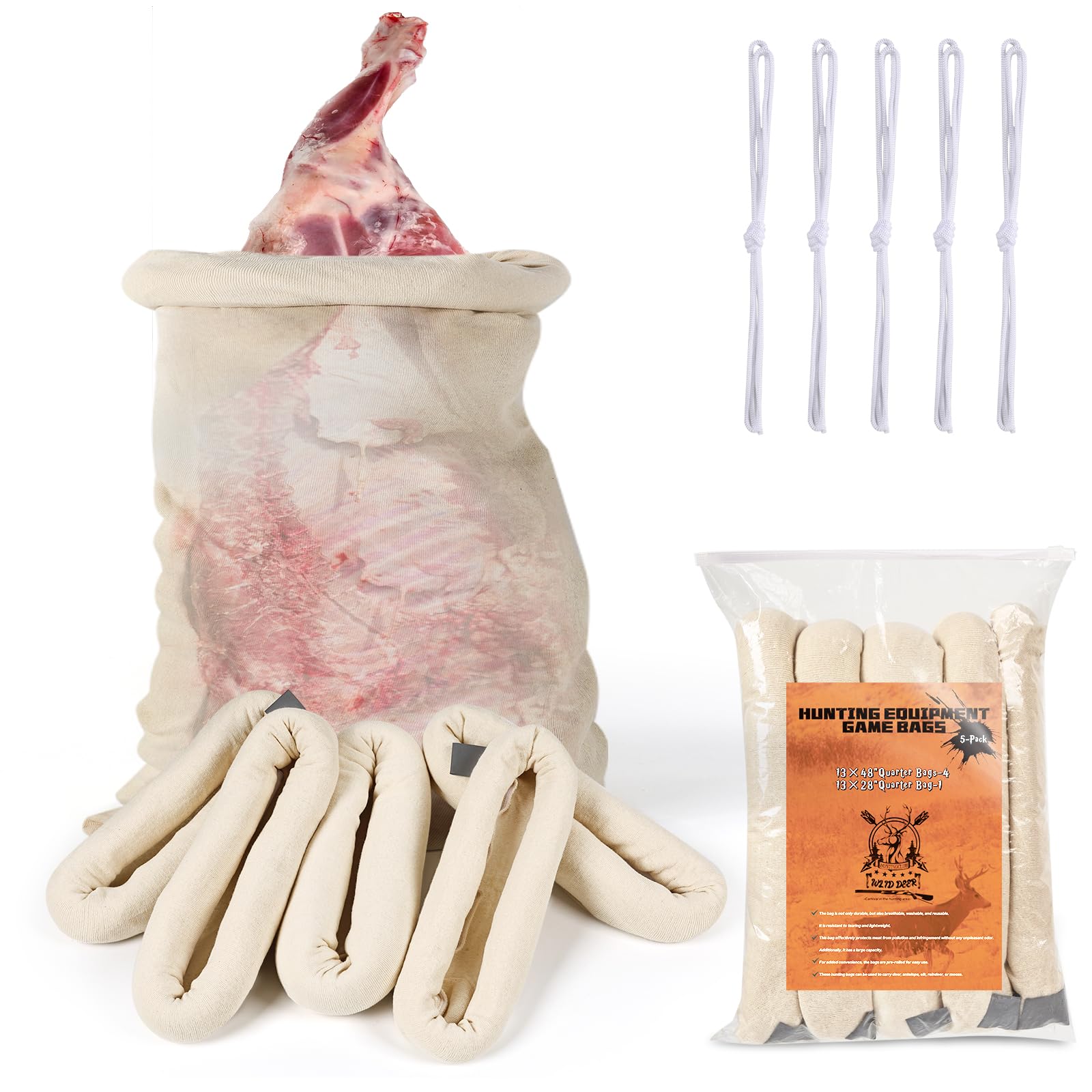 Elk Game Bag Reusable Meat Game Bag Elk Hunting Meat Bags Rolled Heavy Duty Quarter Bags Big Game Bagswith Reflective Tags for Elk Caribou Deer Moose, 5 Pack