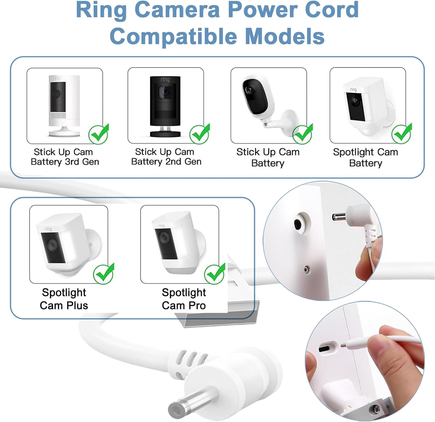2-Pack Ring Stick up Camera Power Cord Compatible with Ring Stick Up Cam Battery/Plug-in 3rd Gen/2nd Gen & Pan Tilt Stick Up Camera, Indoor/Outdoor Weatherproof Power Cord (4m/13.1ft) White