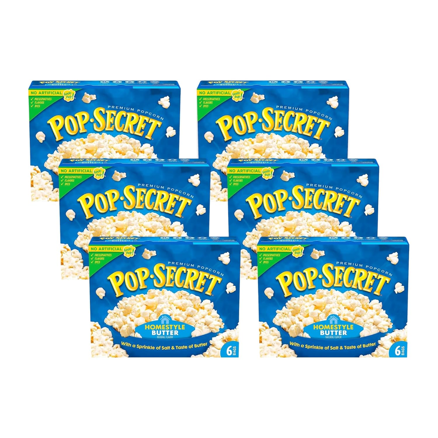 Pop Secret Homestyle Microwave Popcorn 6ct (3.2oz Bags), 19.2oz Box (Pack of 6) - Microwave Popcorn, Non-GMO Popcorn, Classic Homestyle Butter