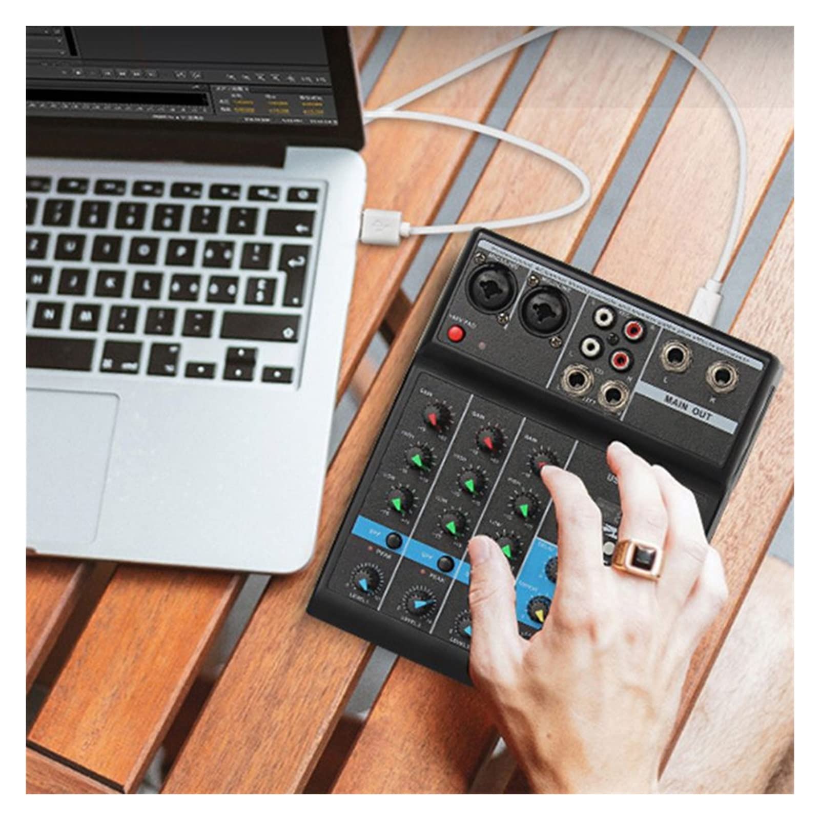 Mikser dźwięku stereo, konsola audio, 4-kanałowa konsola miksująca dźwięk Bluetooth do interfejsu DJ-a, cyfrowy stół, nowa karta, jakość dźwięku