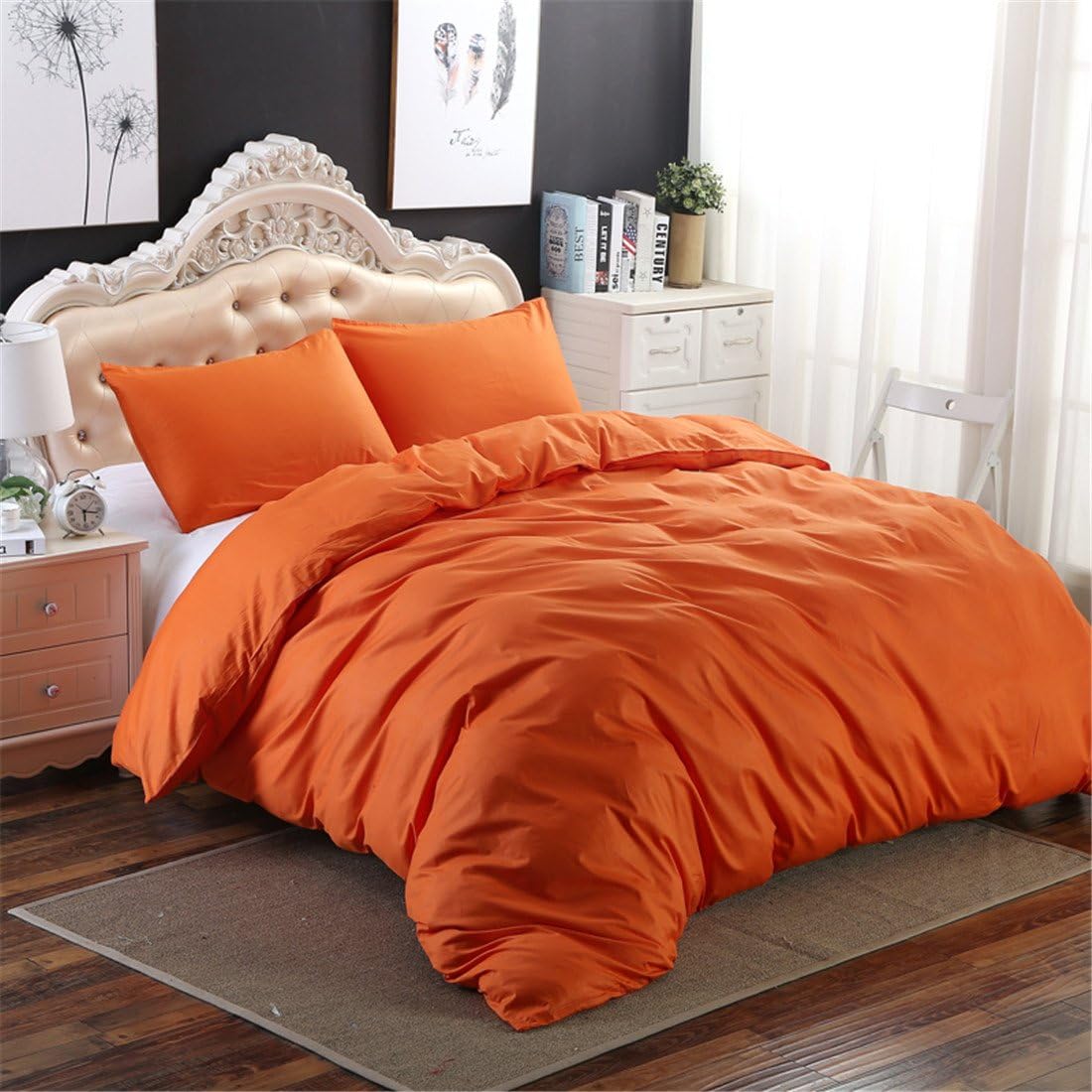 100% Natural Cotton Vibrant Orange Duvet Cover King Size 3 Pcs Set (1 Duvet Cover, 2 Pillowcase) - Soft Comforter Cover Quilt Case - Solid Bedding