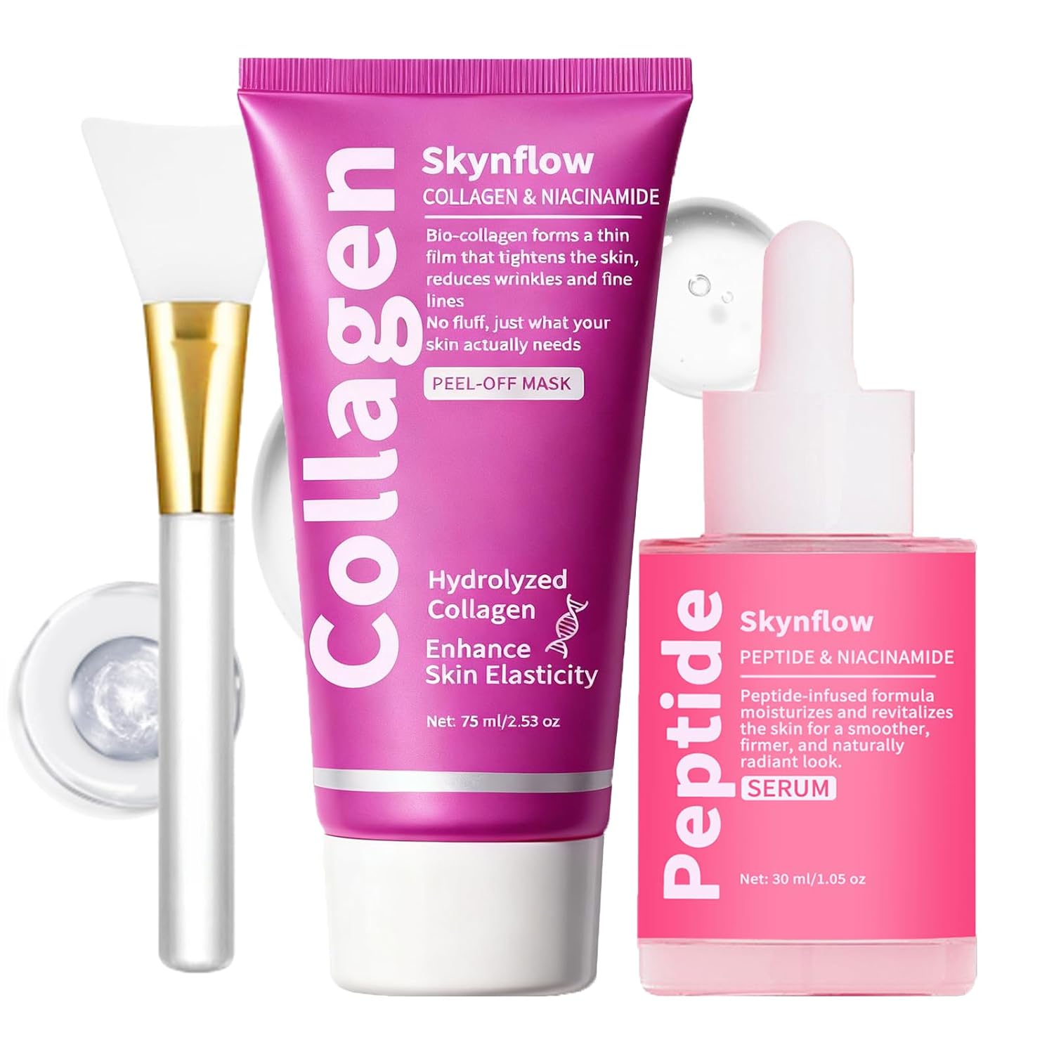 Collagen Face Mask + Plumping Peptides PDRN Serum, Overnight Hydrolyzed Peel-Off Mask, Niacinamide Restoring Skincare Set, Reduce Wrinkles, Tighten Fine Lines, Even Skin Tone (1 Set)