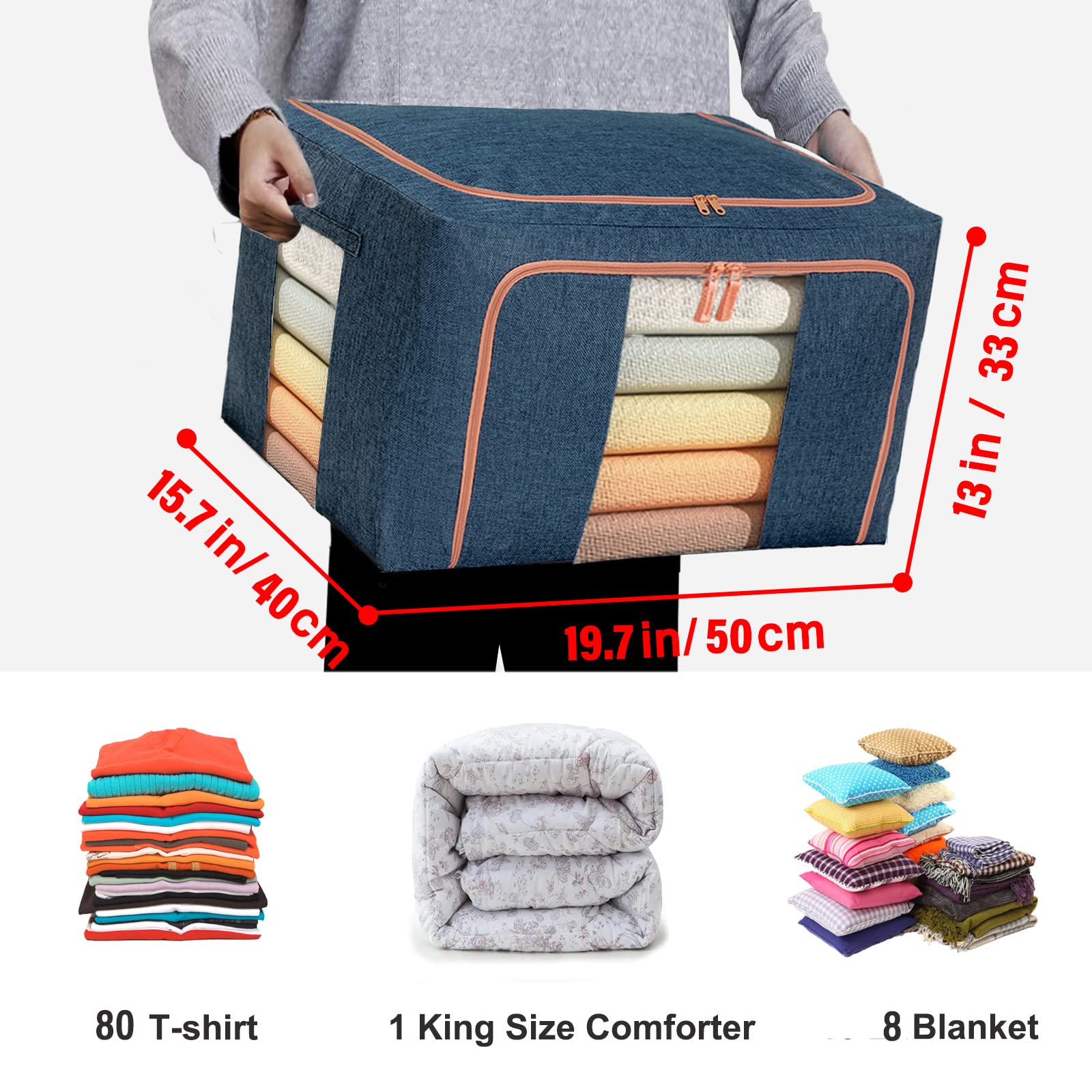 2 Stück Stapelbare Aufbewahrungsbeutel mit Metallrahmen Faltbar zum Halten der Form, Reißverschluss, Griffe, transparentes Fenster, Aufbewahrungsbox für Decke, Pullover, Kissen, Kleidung