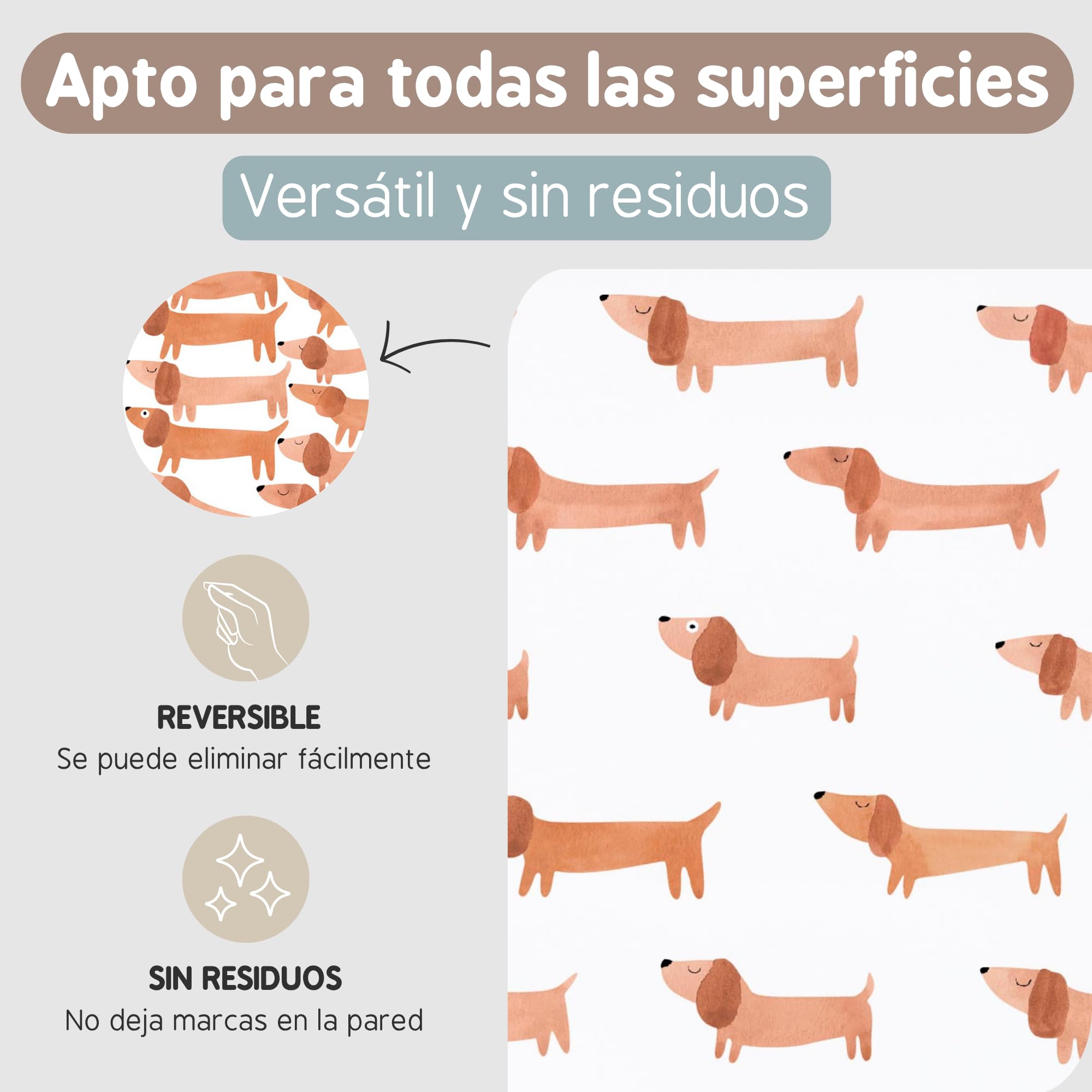 Pegatinas Pared Decorativas Infantiles Perro Teckel | 6 Láminas, 96 Perros Adhesivos | Vinilo Adhesivo Pared | Efecto Papel Pintado | Cubre 9 m² | TRESXICS (Marrón)