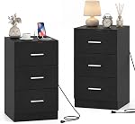 KOMFOTT Table de chevet avec station de recharge, Table de lit en bois avec 2 AC Des sorties, USB et Port de type C, stand de nuit moderne avec 3 Tiroirs pour Bureau de Chambre Petits espaces (Noir,2)