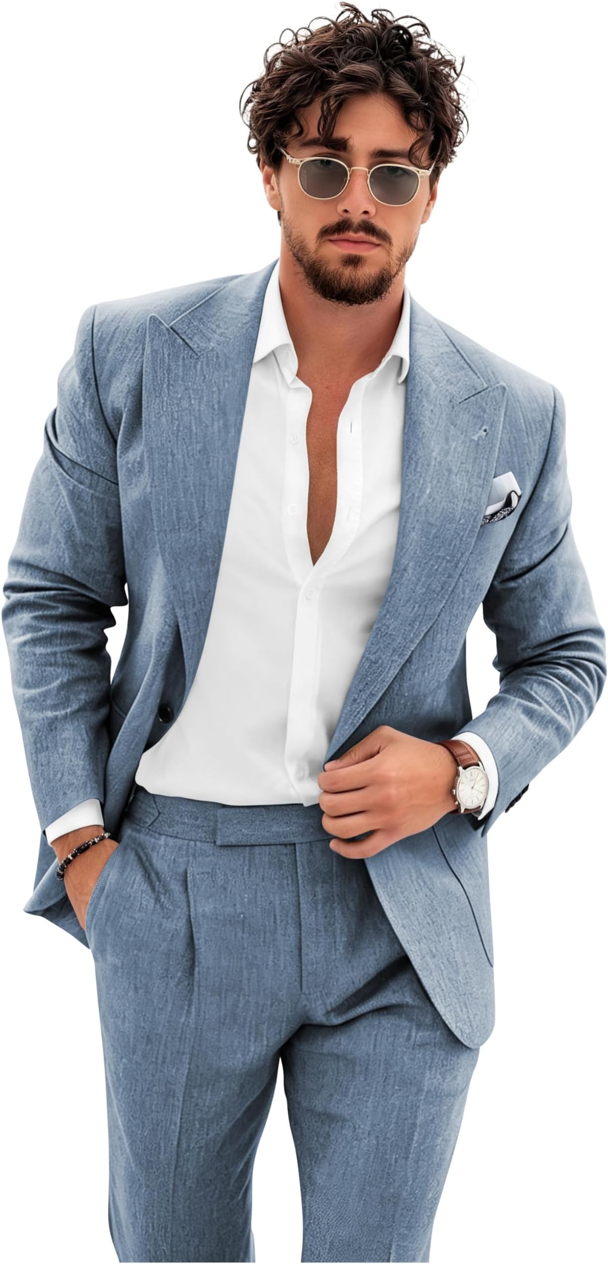 Wangyue Mens 2 Piece Linen Suit Slim Fit Beach Wedding Linen Suits for Men Casual Summer Prom One Button Blazer Pants