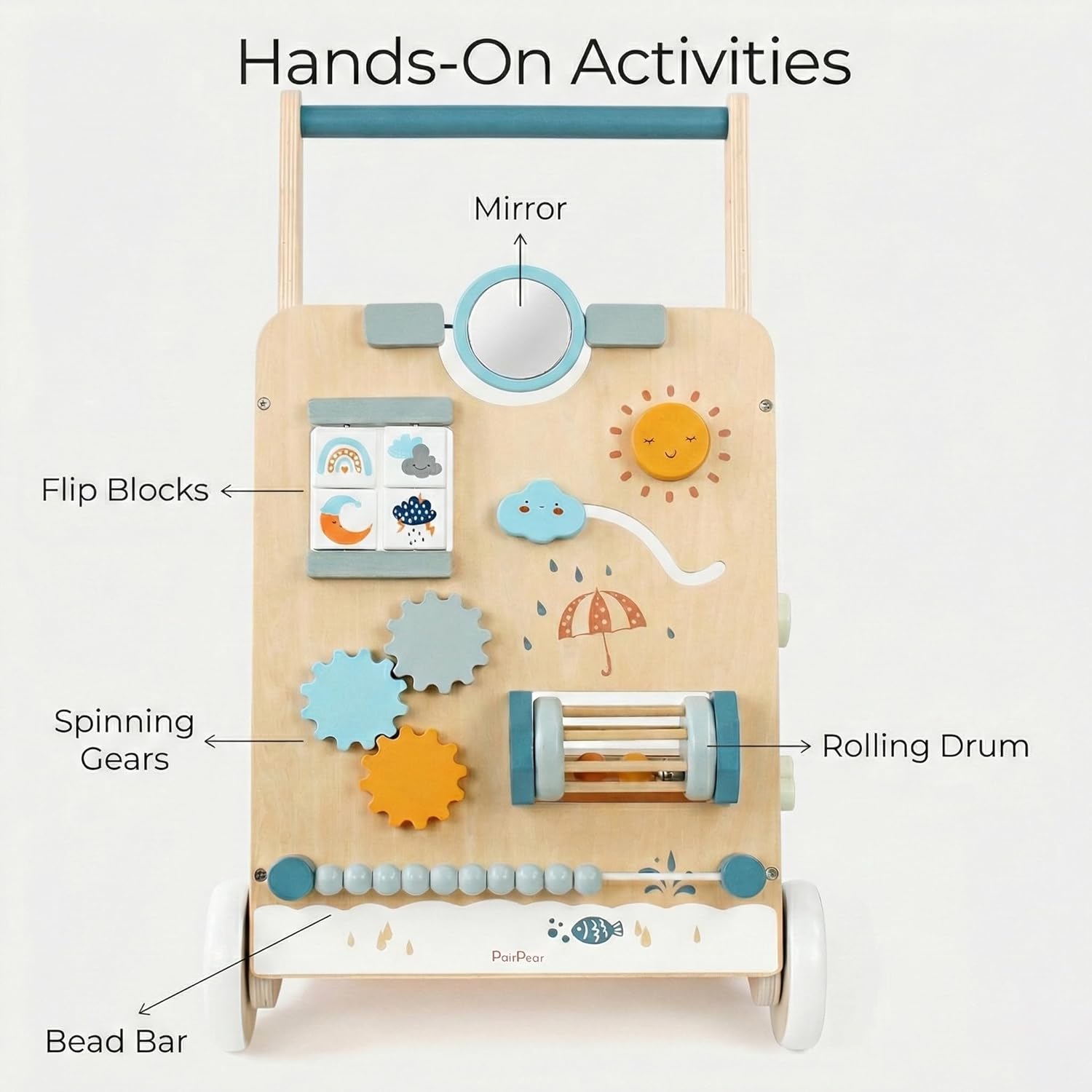 PairPear Wooden Activity Walker for Babies, Montessori Sit & Play Push Toy with Mirror, Gears & Beads, Adjustable Handle, Indoor Friendly Wheels, Gift for 12+ Months