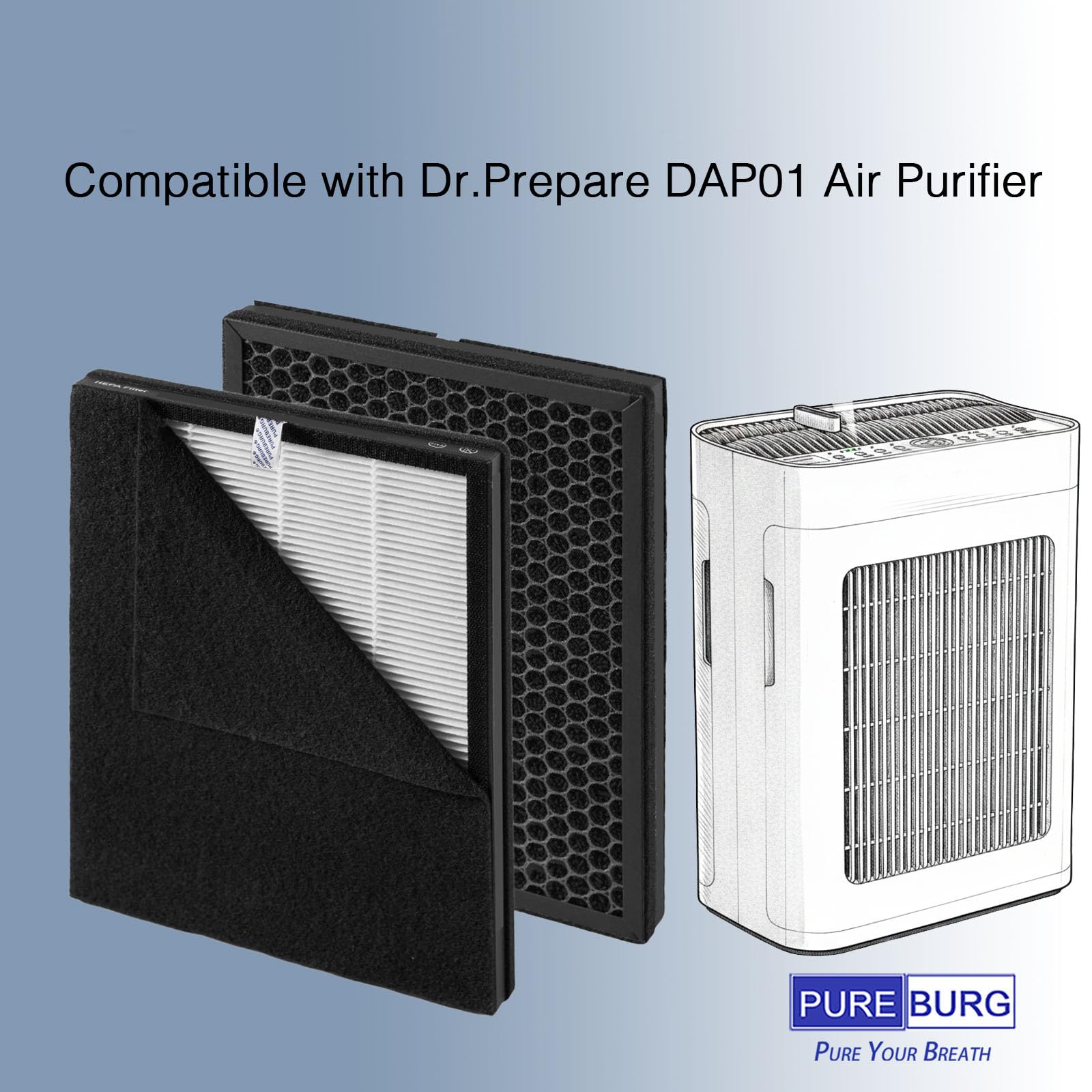 PUREBURG Filtro de repuesto compatible con purificador de aire Dr.Prepare DAP01, 4 x H13 True HEPA y 8 prefiltros de carbón activado para limpieza de aire, polvo, COV y olor