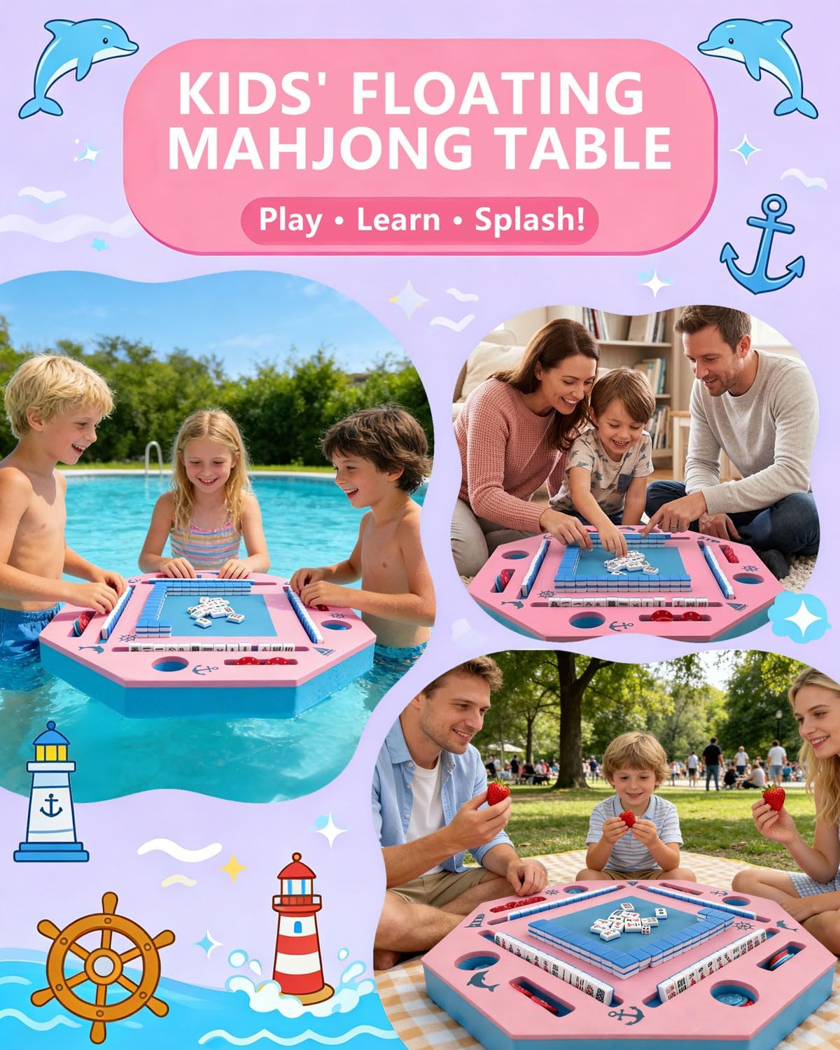 19 Inch Floating Mahjong Table for Pool & Lake, Outdoor Floating Game Table for Mahjong Card Games Scrabble Dominoes Poker