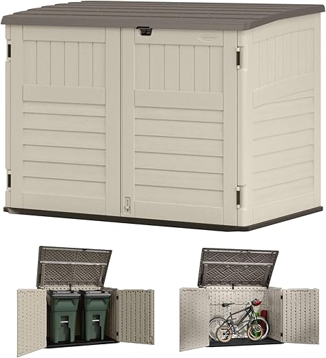 Suncast 5. 4 ft. x 3. 2 ft Horizontal Stow-Away Storage Shed - Natural Wood-like Outdoor Storage for Trash Cans and Yard Tools - All-Weather Resin, Hinged Lid, Reinforced Floor - Vanilla and Stoney