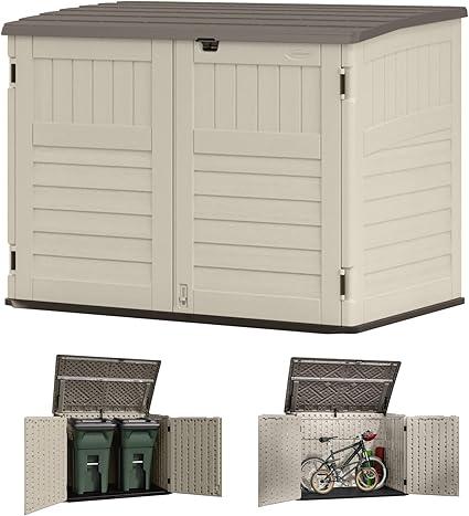 Suncast 70 Cu Ft Horizontal Resin Storage Shed - Outdoor Storage Shed with Floor Included, Lockable, Weatherproof, Fits Large Trash Cans, Bikes, Lawn Mowers, Generators, & Garden Tools, Vanilla Stoney