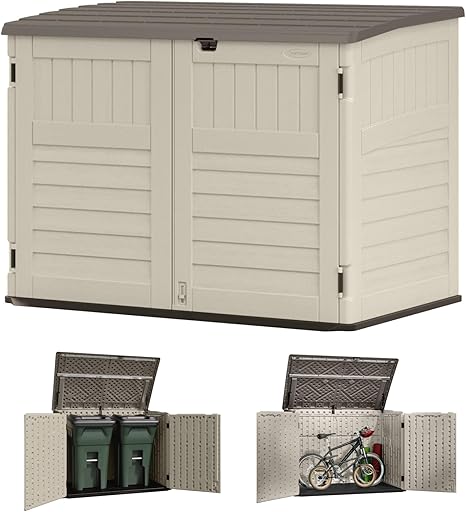 Suncast 70 Cu Ft Horizontal Resin Storage Shed - Outdoor Storage Shed with Floor Included, Lockable, Weatherproof, Fits Large Trash Cans, Bikes, Lawn Mowers, Generators, & Garden Tools, Vanilla Stoney