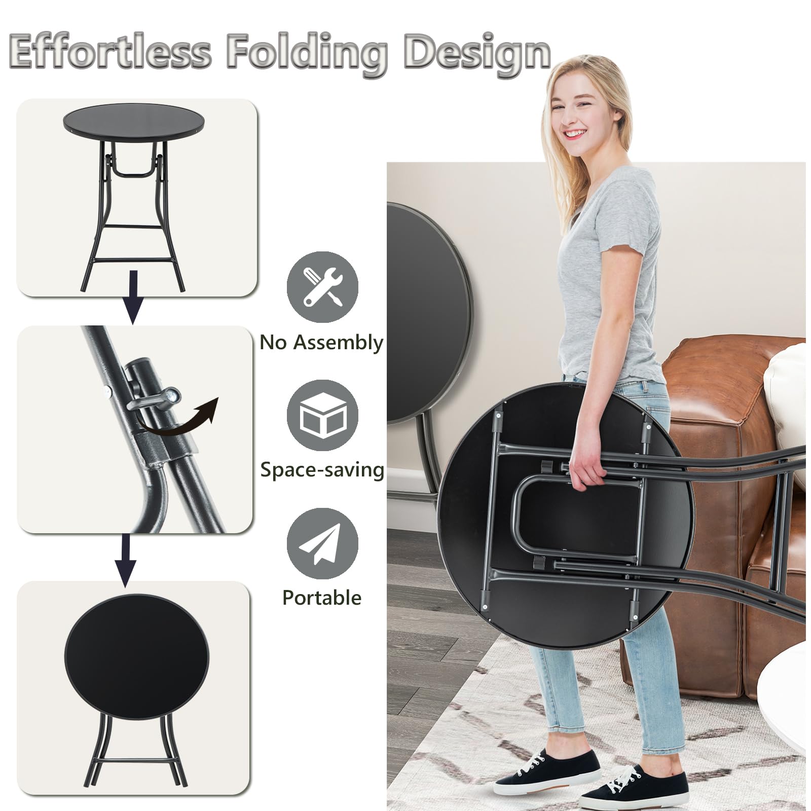 KOMFOTTEU Tavolino Pieghevole da Giardino, Tavolino Rotondo Ø 59 cm, Tavolini da Esterno con Ripiano in Vetro Temperato, Tavolo da Balcone Struttura in Metallo, per Terrazza, Veranda, Piscina, Nero