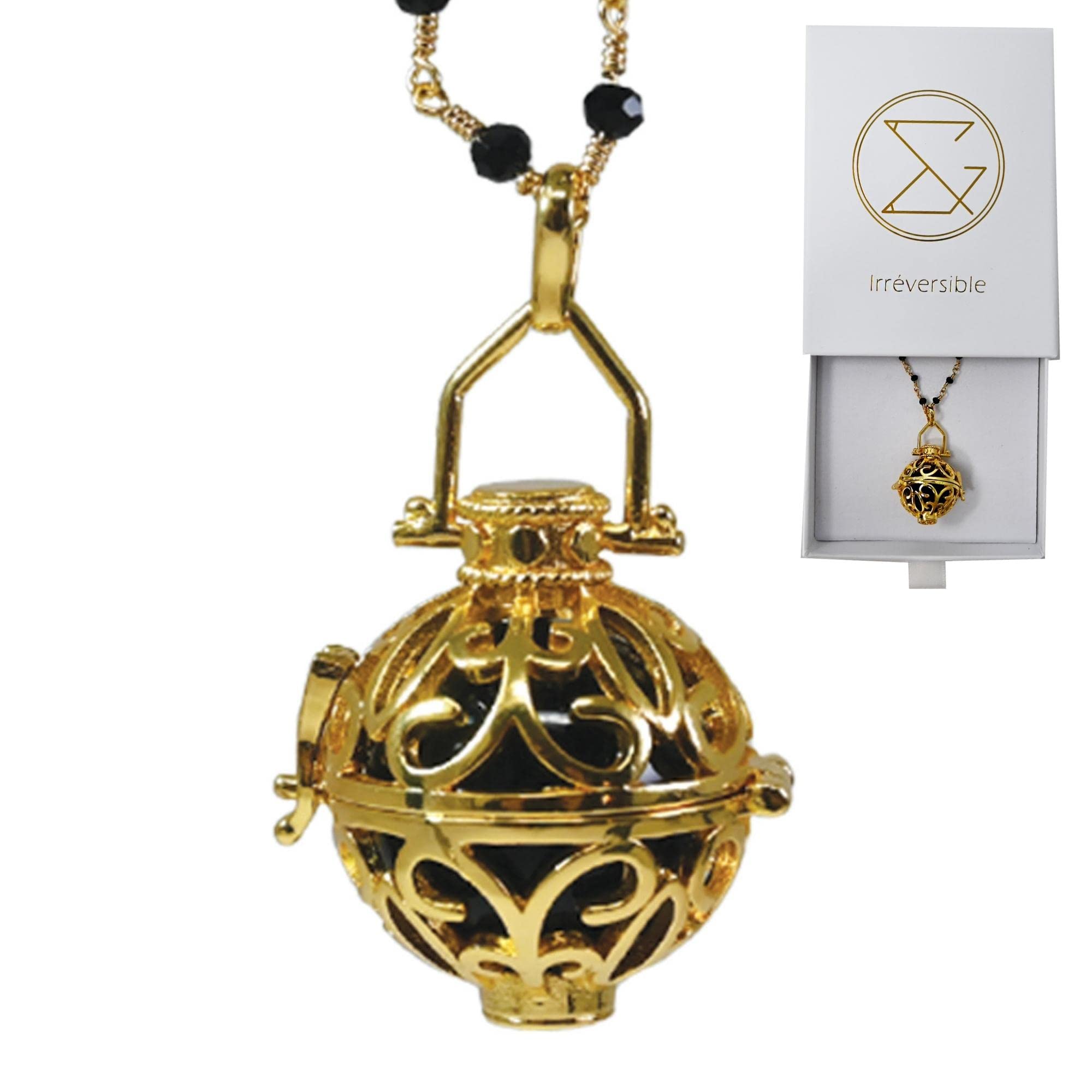 Bola de Gravidesse LIA - 22 MM COMPLETO su catena perlata cristallo nero, 100% placcato oro, sfera sonora 20 mm nera, personalizzabile, creazione e design francese