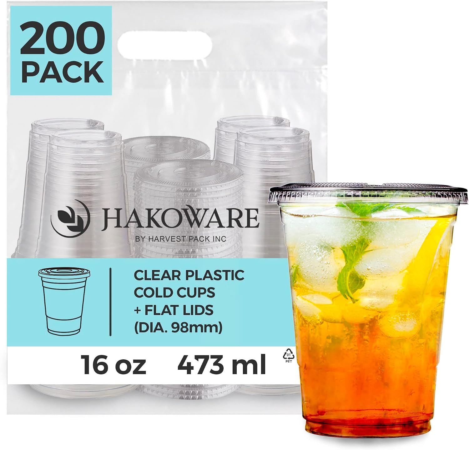 Harvest Pack GOURMET SHOWCASE [200 SETS] HAKOWARE 16 oz Ultra Clear Disposable Plastic Cold Cups with Flat Lids