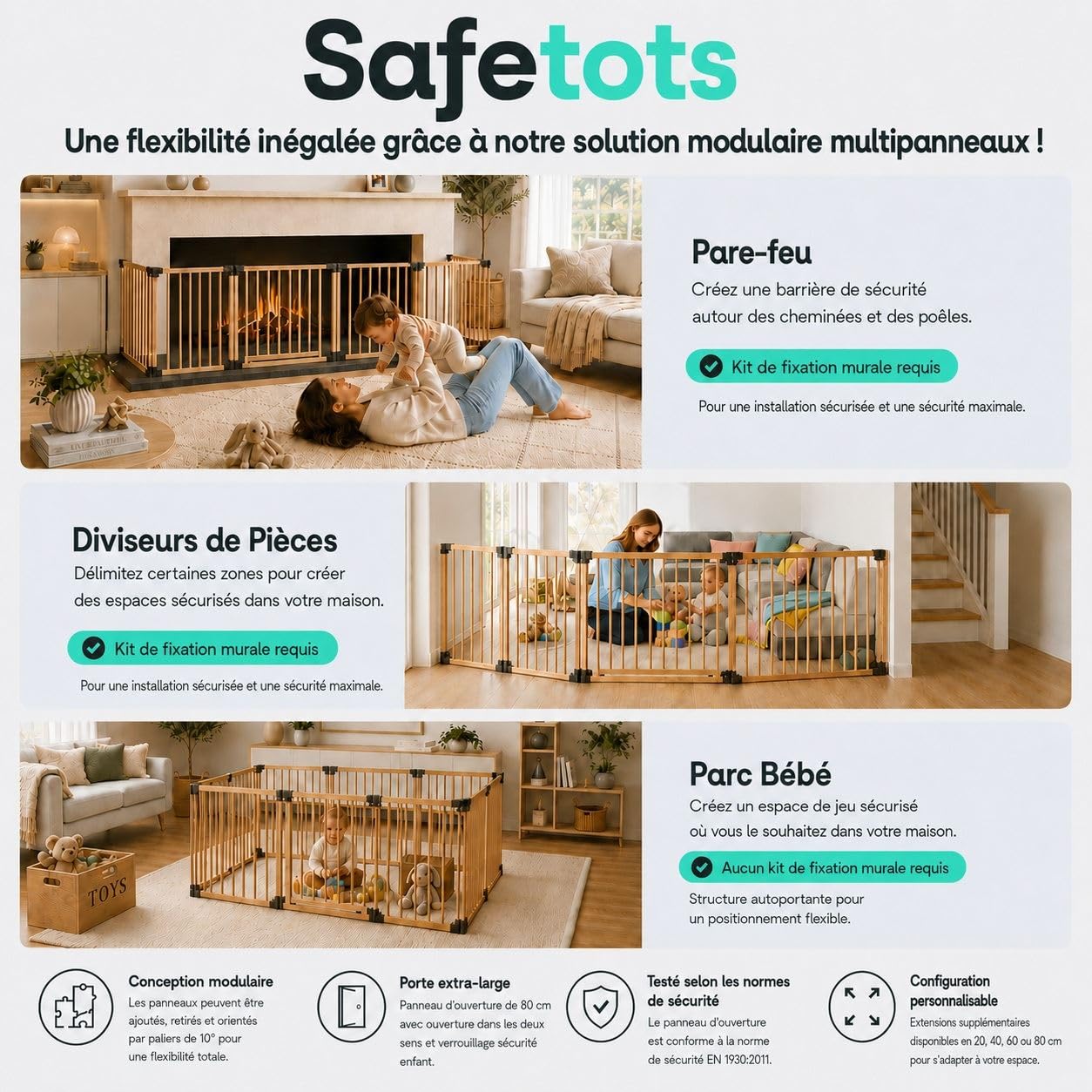 Safetots Séparateur de Pièce Multi-Panneau en Bois, Barrière Flexible avec Porte pour Bébé et Tout-Petit, Installation Facile, jusqu'à 136cm de Largeur x 76cm de Hauteur, Couleur Bois Naturel