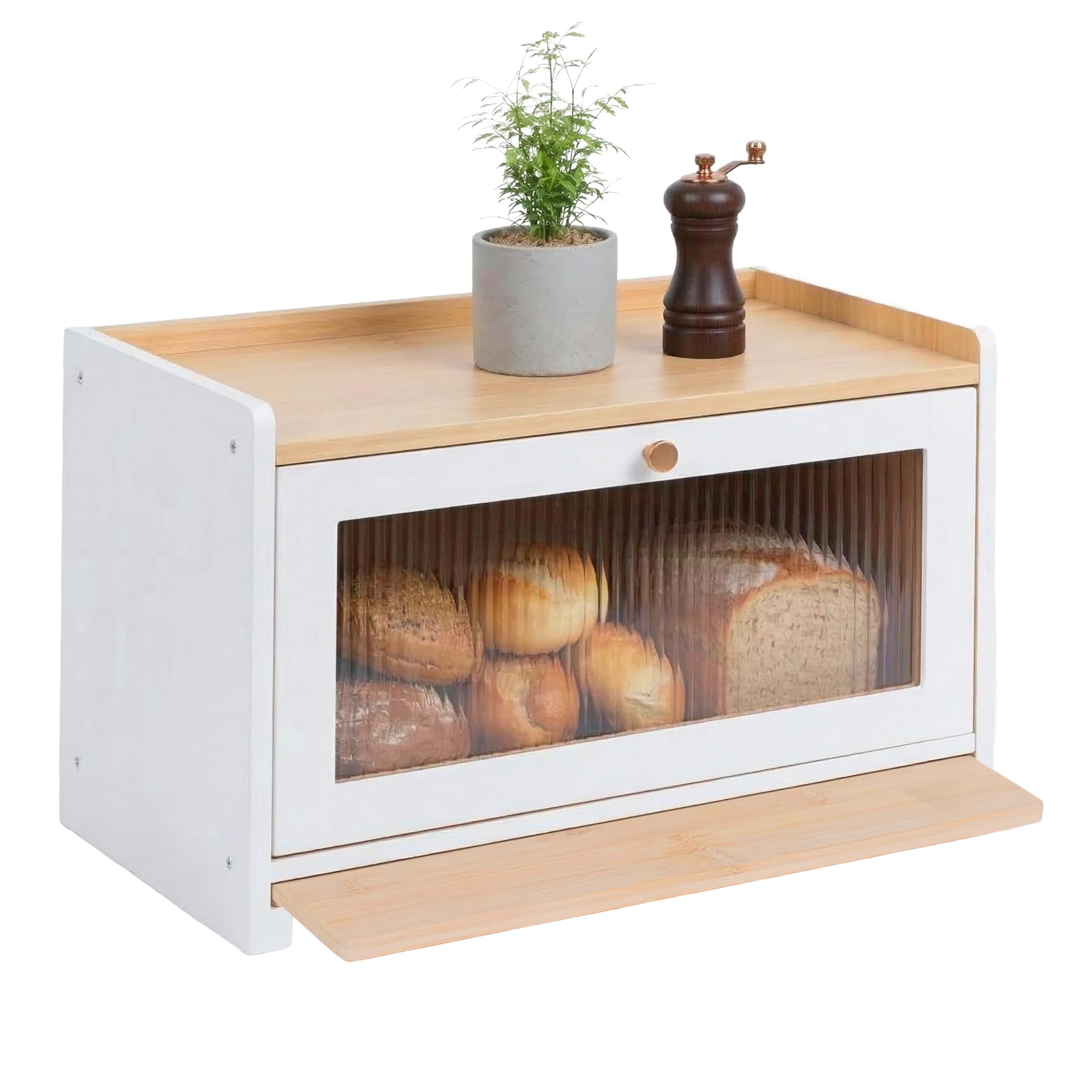 Relaxdays Contenitore Pane bambù con Tagliere e ripiano, Fori d'aerazione, Finestra acrilica