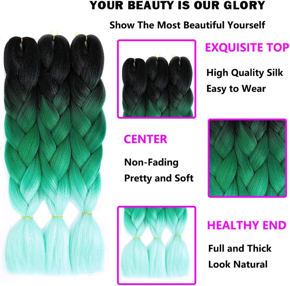 Ombre Braiding Hair Extensions3 Packs 24 Inch Afro Braiding Hair Extensions for Twist Jumbo Box Braiding Synthetic Hair for Women Braiding (Gradient Green/C8) - Image 4