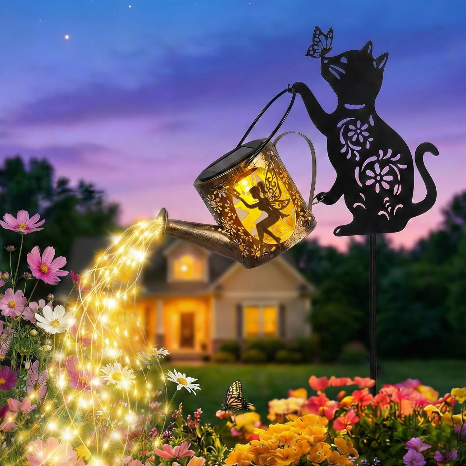 Solar Watering Can Lights Outdoor Decor with Elephant Stake & Fairy Silhouettes, Cascading String Lights for Garden, Patio, Yard - Waterproof Solar Powered Gift for Mom, Housewarming, Birthday