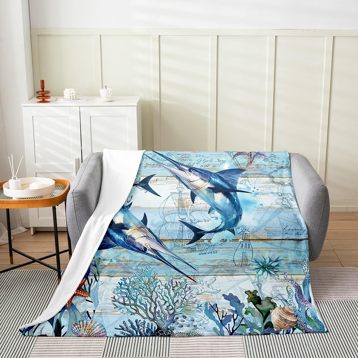 Feelyou Marlin Swordfish Flannel Fleece Throw Blanket Ocean Fish Fuzzy Blanket for Sofa Couch Kids Blue Vintage Barn Door Nautical Fishing and Hunting Plush Blanket Queen 90"x90"